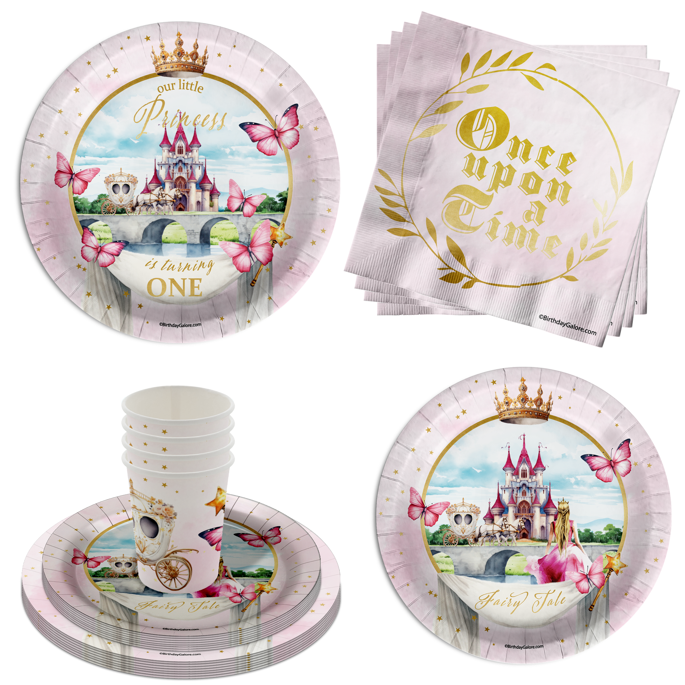 Fairytale Princess 1st Birthday Party Supplies 64 Piece Tableware Set Includes Large 9" Paper Plates Dessert Plates, Cups and Napkins Kit for 16