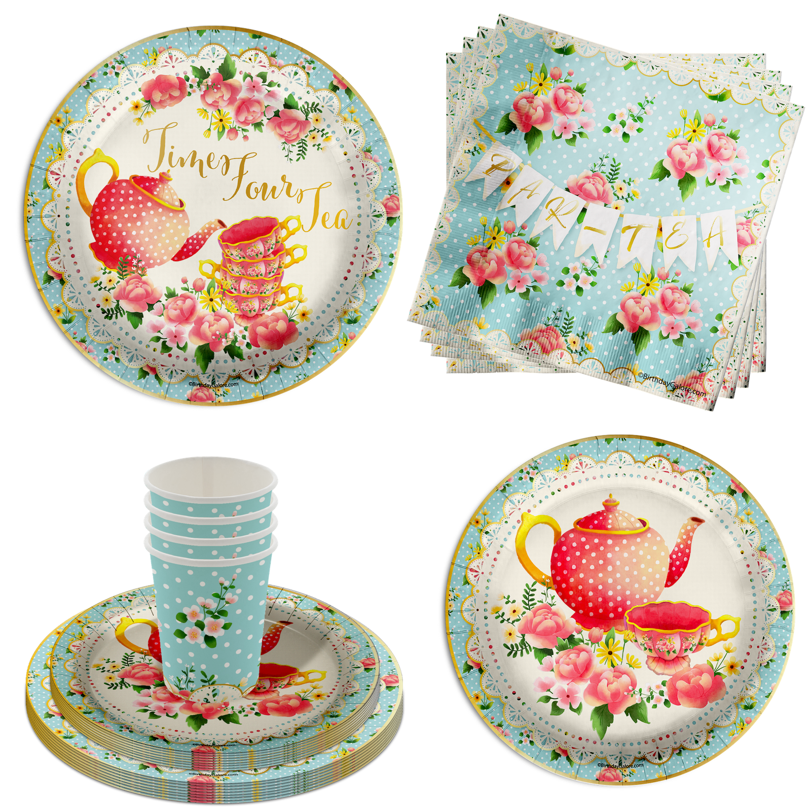 Time Four Tea 4th Birthday Party Supplies 64 Piece Tableware Set Includes Large 9" Paper Plates Dessert Plates, Cups and Napkins Kit for 16