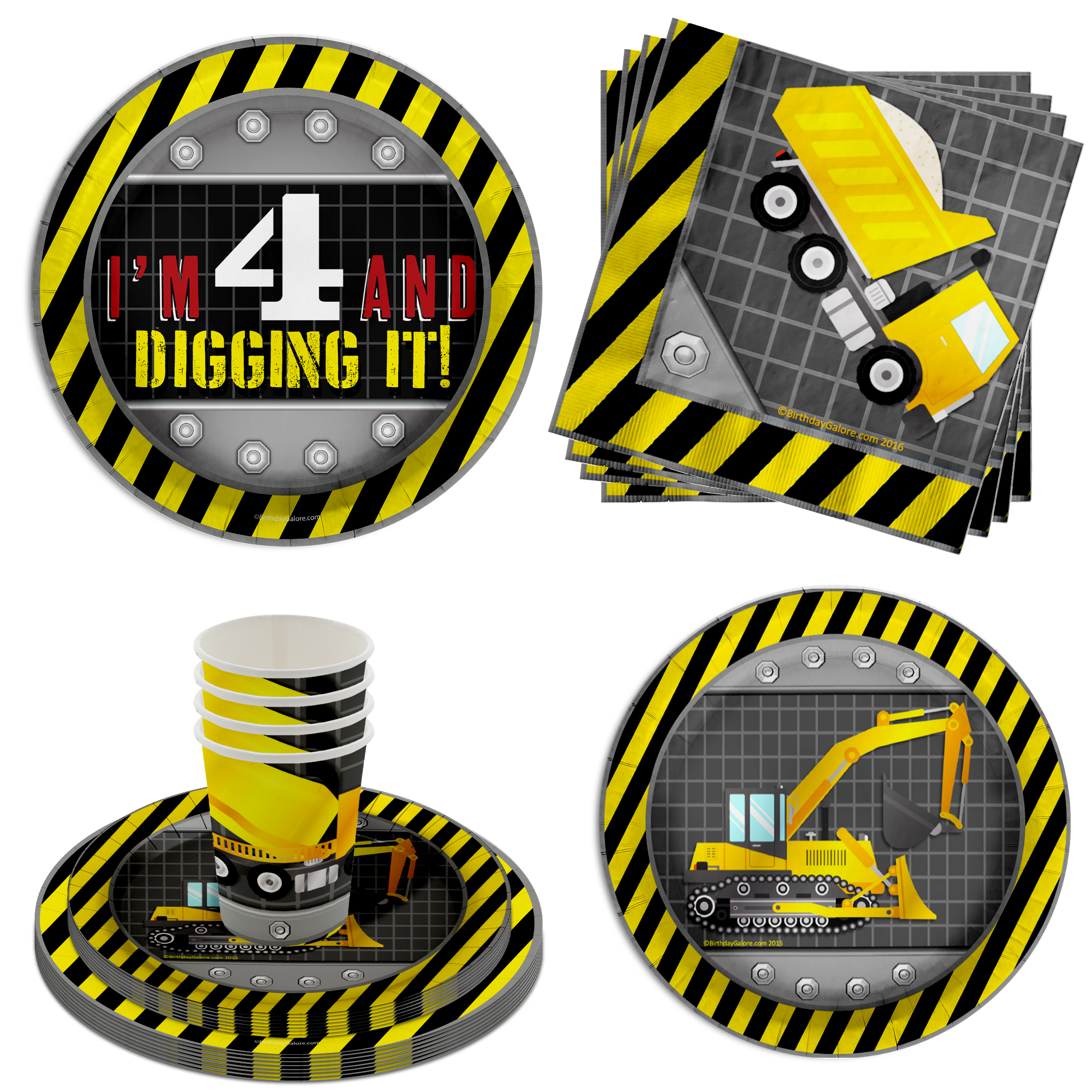 I'm Four and Digging It Construction 4th Birthday Party Tableware Kit For 16 Guests 64 Piece