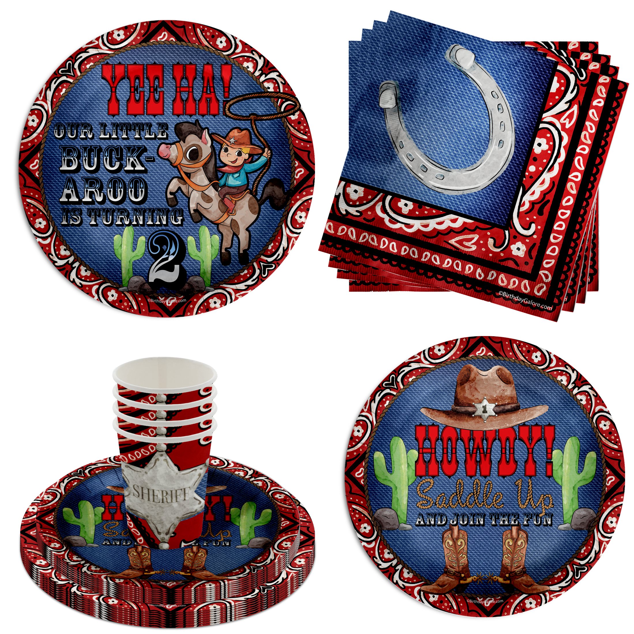 Our Little Buckaroo is Turning Two 2nd Birthday Party Supplies 64 Piece Tableware Set Includes Large 9" Paper Plates Dessert Plates, Cups and Napkins Kit for 16