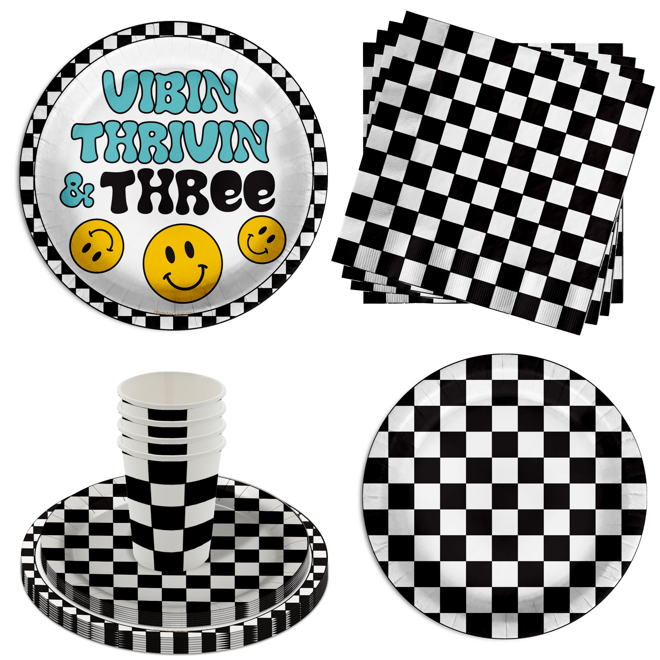 Vibin Thrivin' and Three Smiley Face 3rd Birthday Party Supplies 64 Piece Tableware Set Includes Large 9" Dinner Plate and Small Dessert Plates Cups and Napkins Tableware Kit for 16