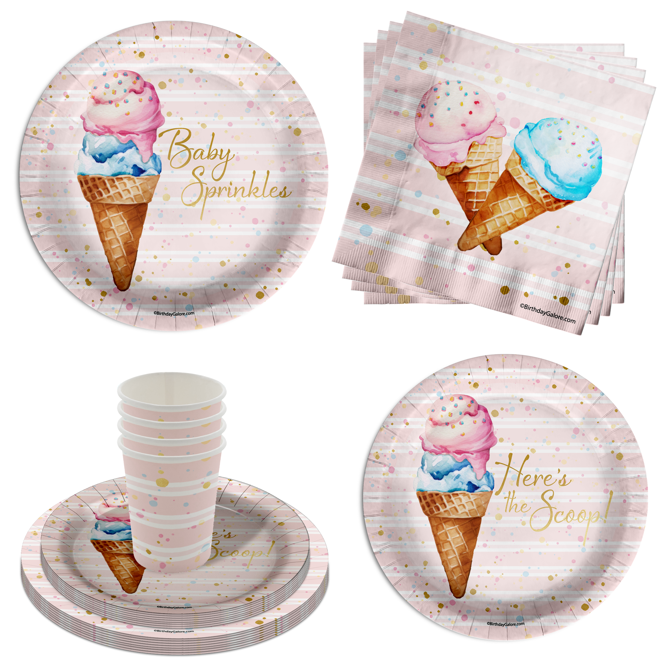 Birthday Galore Baby Sprinkles Scoops Ice Cream Party Supplies 64 Piece Tableware Set Includes Large 9" Paper Plates Dessert Plates, Cups and Napkins Kit for 16