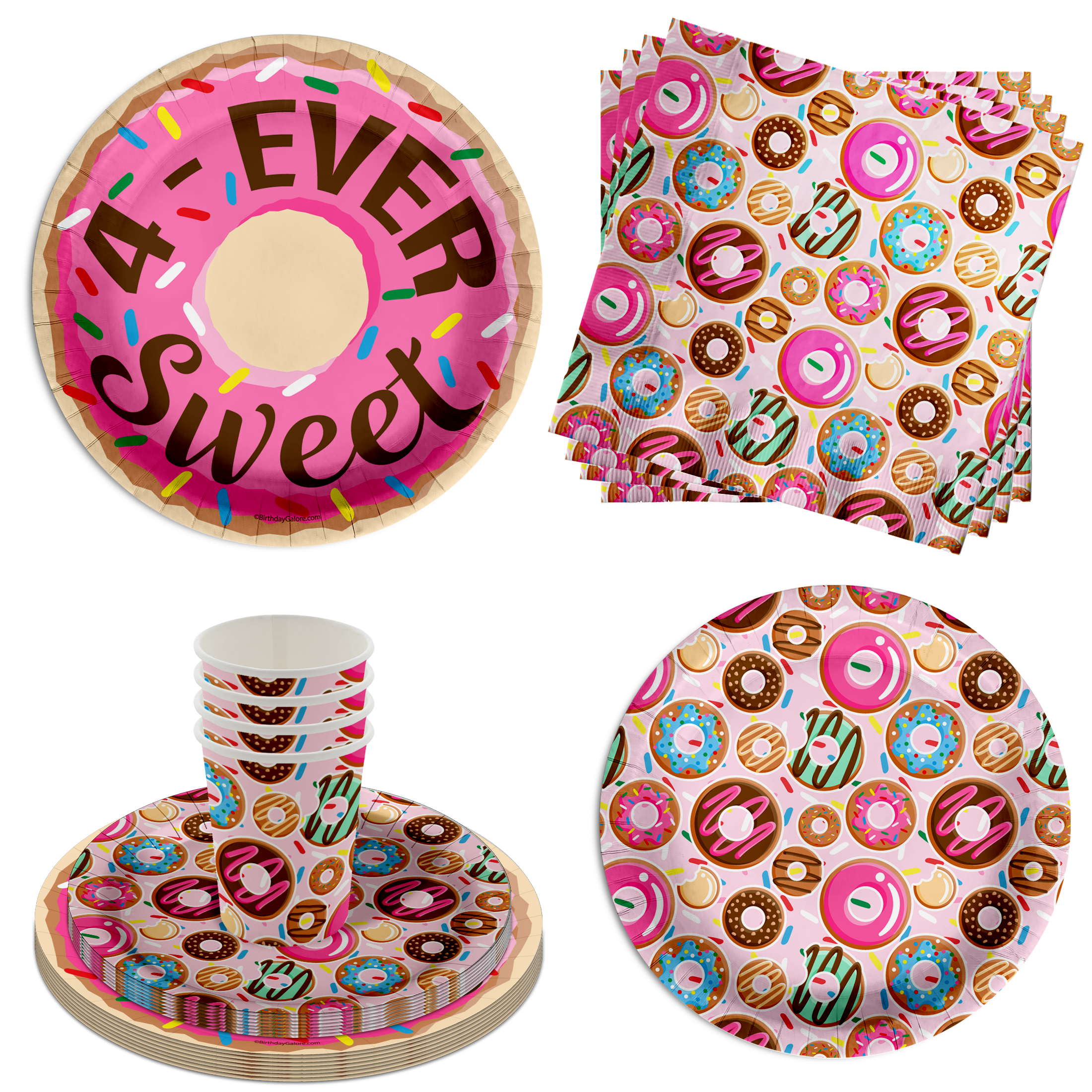 Girls 4th Birthday Party Supplies - Fourever Sweet Donut Birthday Paper Plates - 64 Piece Tableware Set Includes Large 9" Paper Plates Dessert Plates, Cups and Napkins Kit for 16