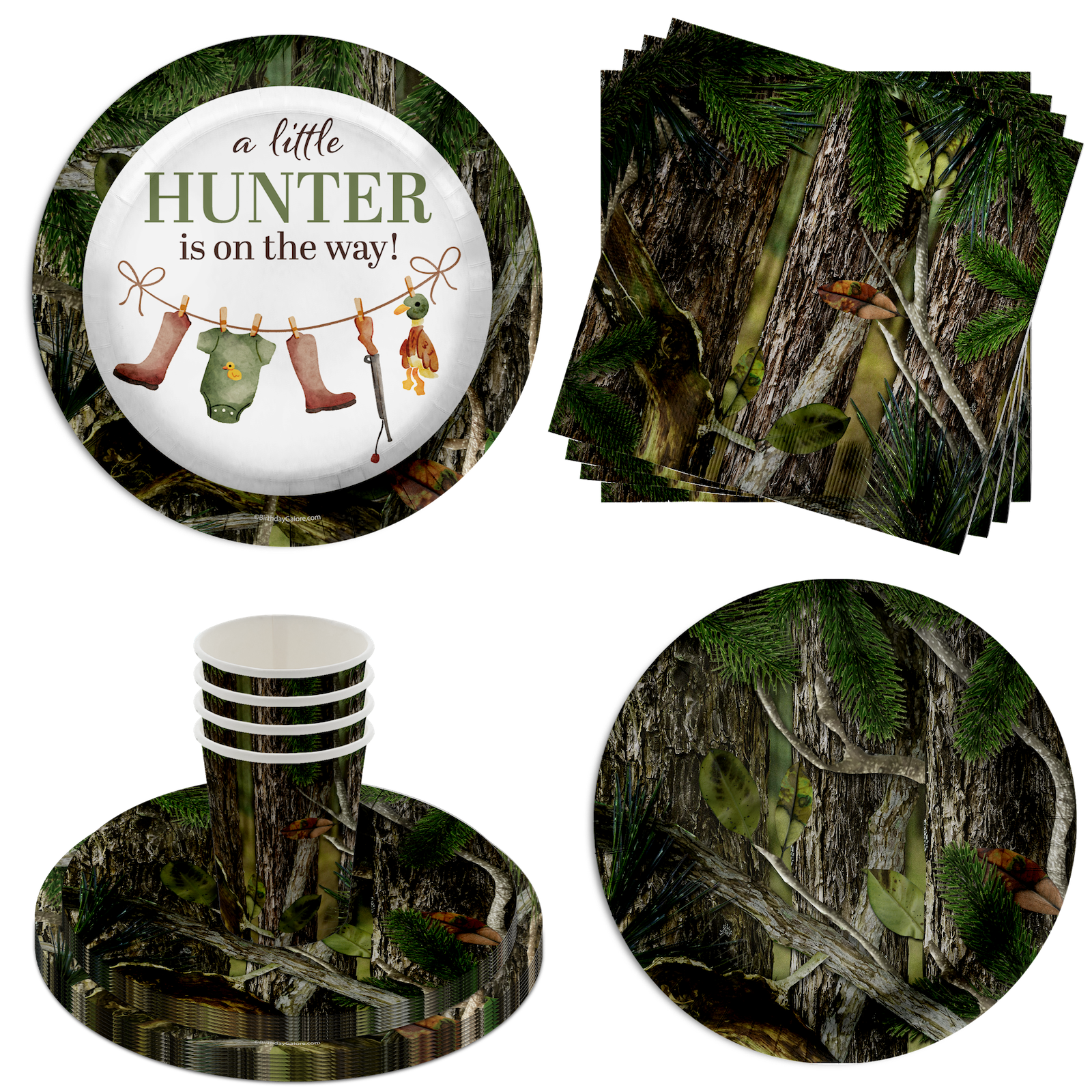 Duck Hunter Baby Shower Party Supplies 64 Piece Tableware Set Includes Large 9" Paper Plates Dessert Plates, Cups and Napkins Kit for 16