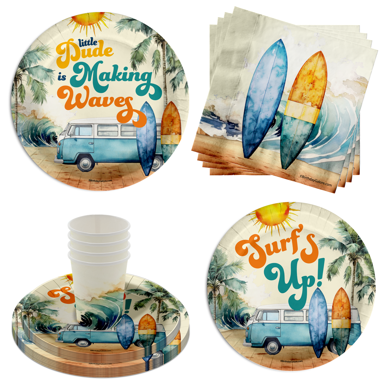 Little Dude Making Waves Surfing Baby Shower Party Supplies 64 Piece Tableware Set Includes Large 9" Paper Plates Dessert Plates, Cups and Napkins Kit for 16