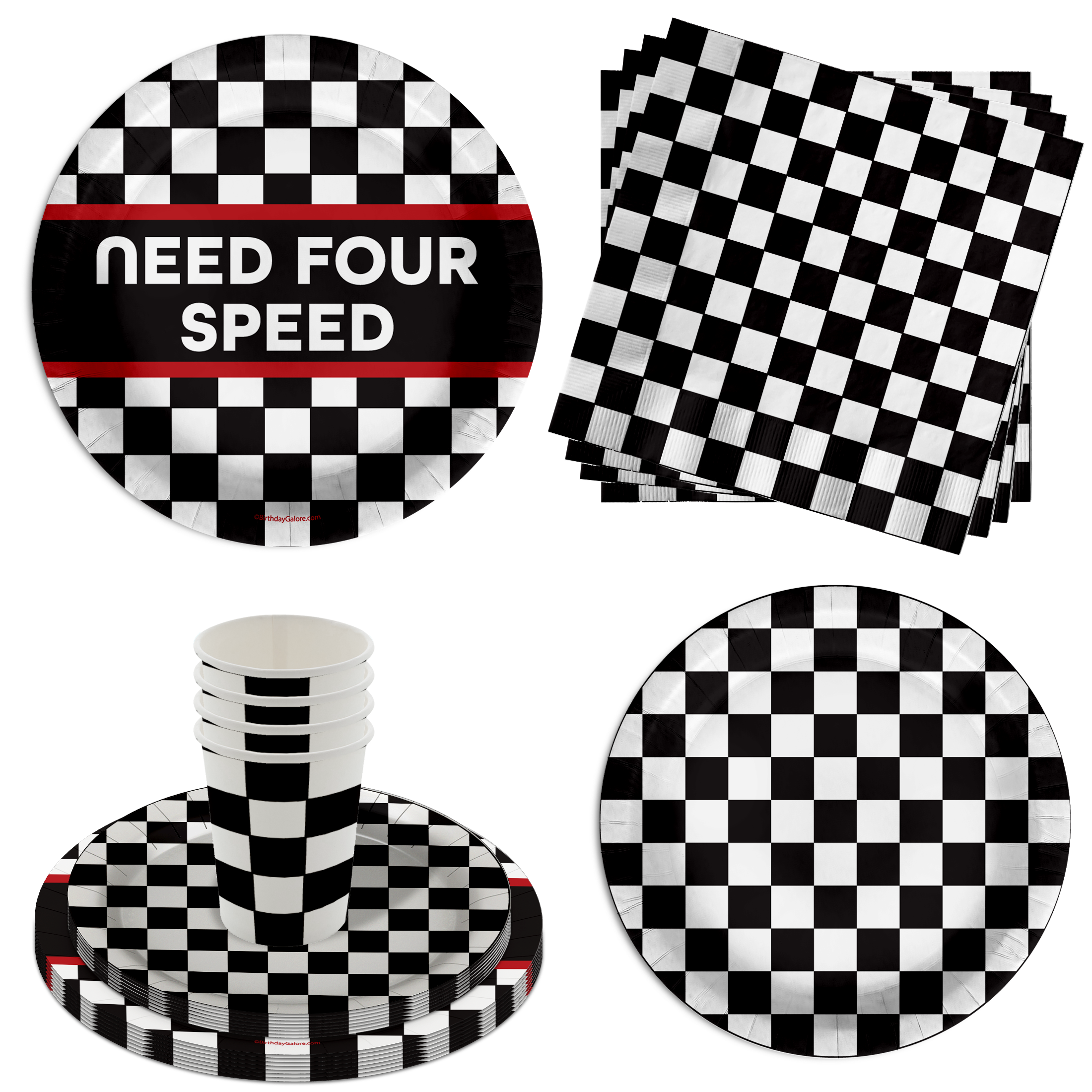 Need Four Speed Checkered Flag Racing 4th Birthday Party Supplies 64 Piece Tableware Set Includes Large 9" Paper Plates Dessert Plates, Cups and Napkins Kit for 16