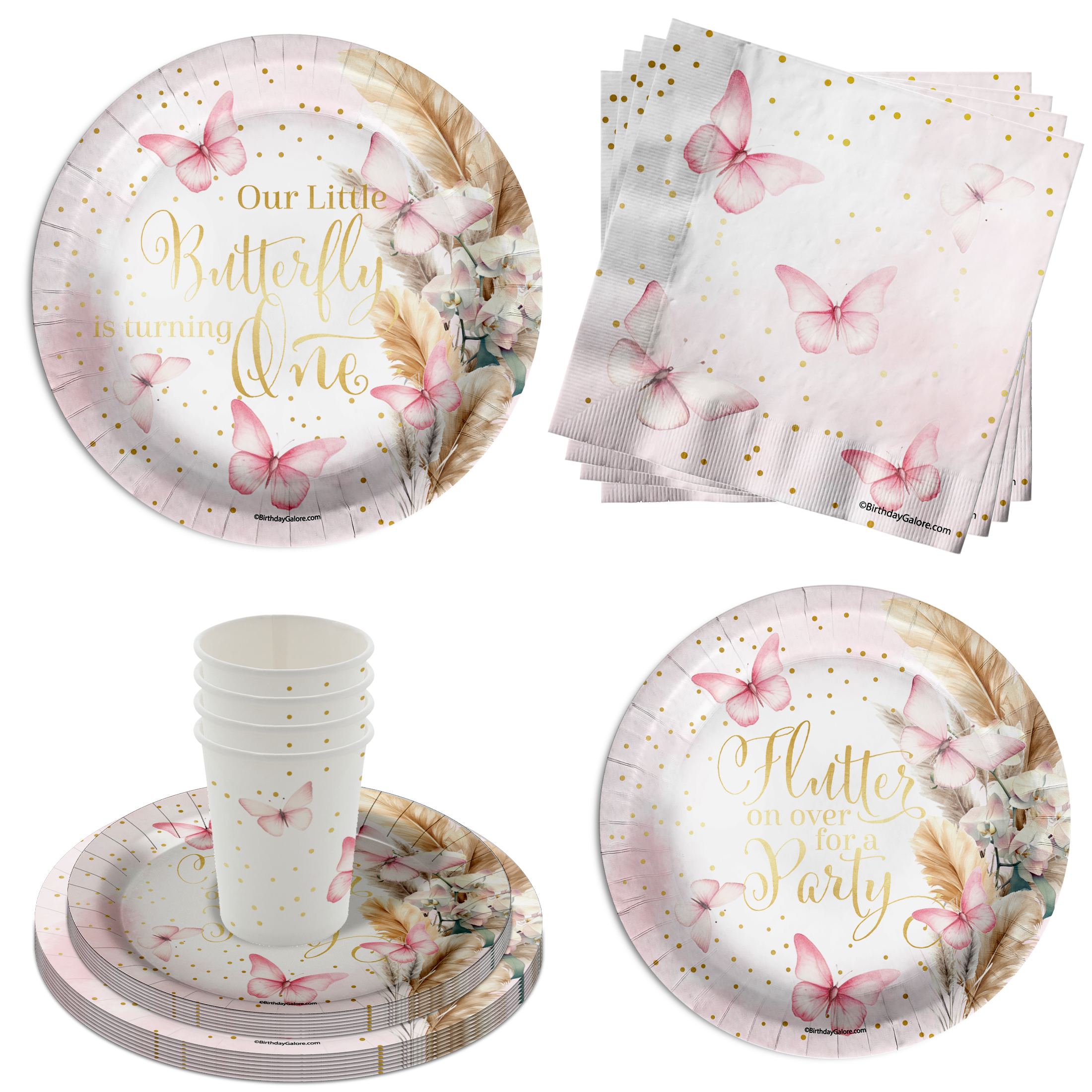 Butterfly Girl's 1st Birthday Party Supplies 64 Piece Tableware Set Includes Large 9" Paper Plates Dessert Plates, Cups and Napkins Kit for 16