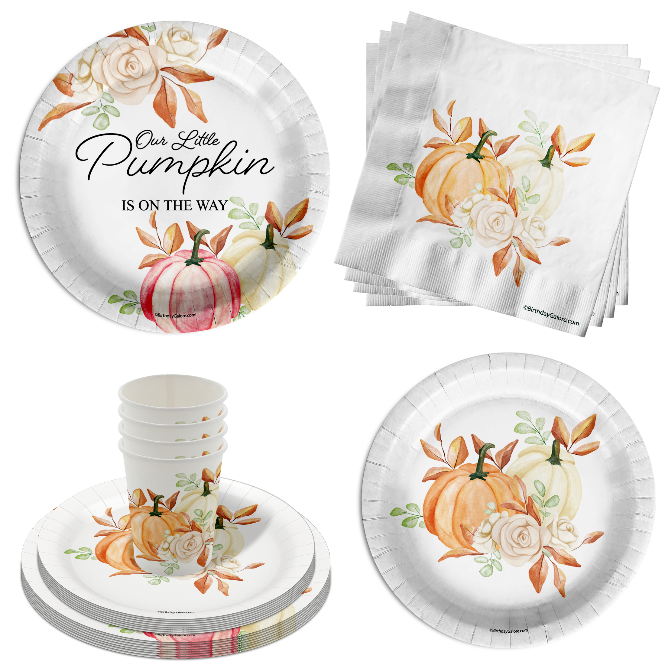 Our Little Pumpkin Is Almost Here Girl Baby Shower Party Supplies 64 Piece Tableware Set Includes Large 9" Paper Plates Dessert Plates, Cups and Napkins Kit for 16