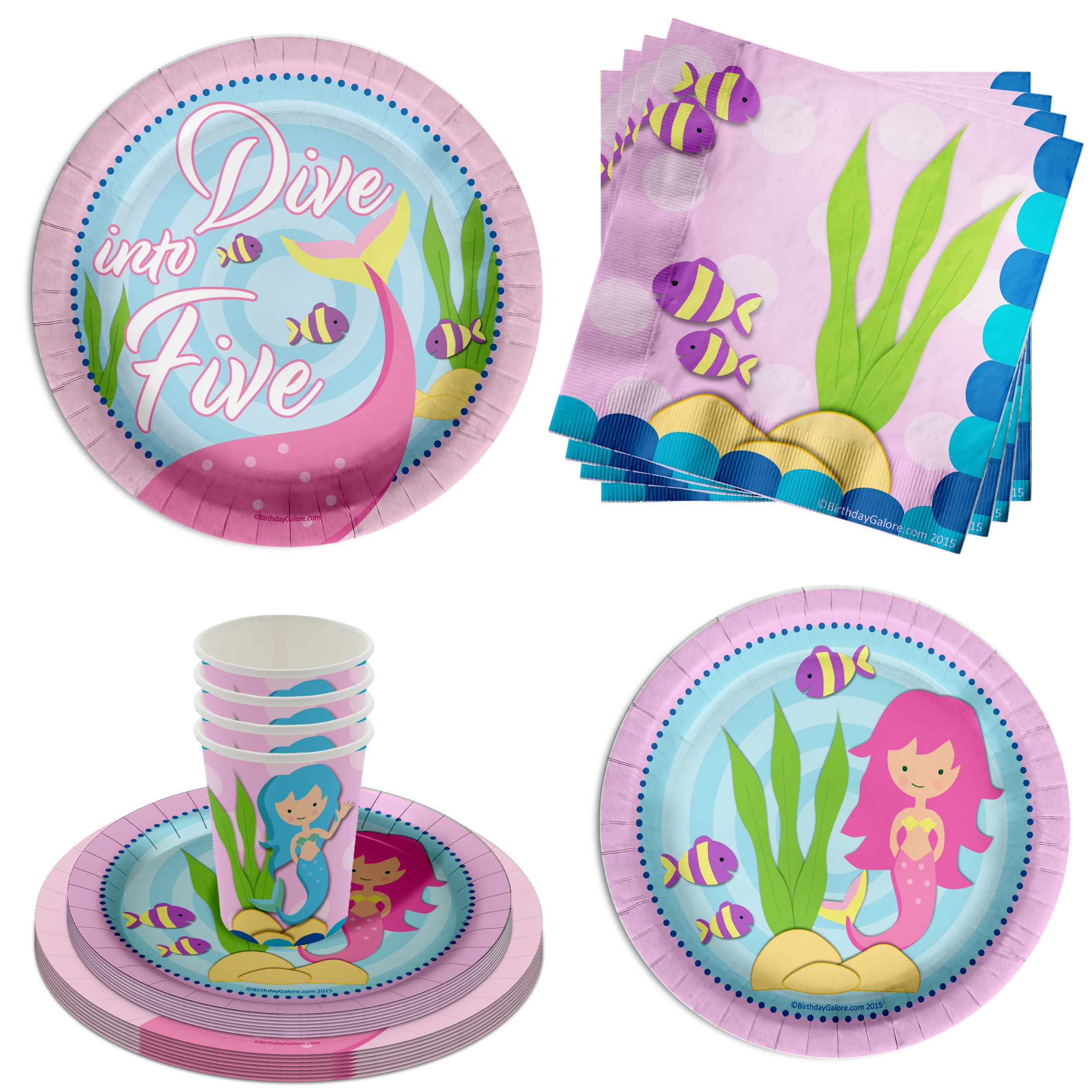Dive into Five Mermaid 5th Birthday Party Tableware Kit For 16 Guests 64 Piece