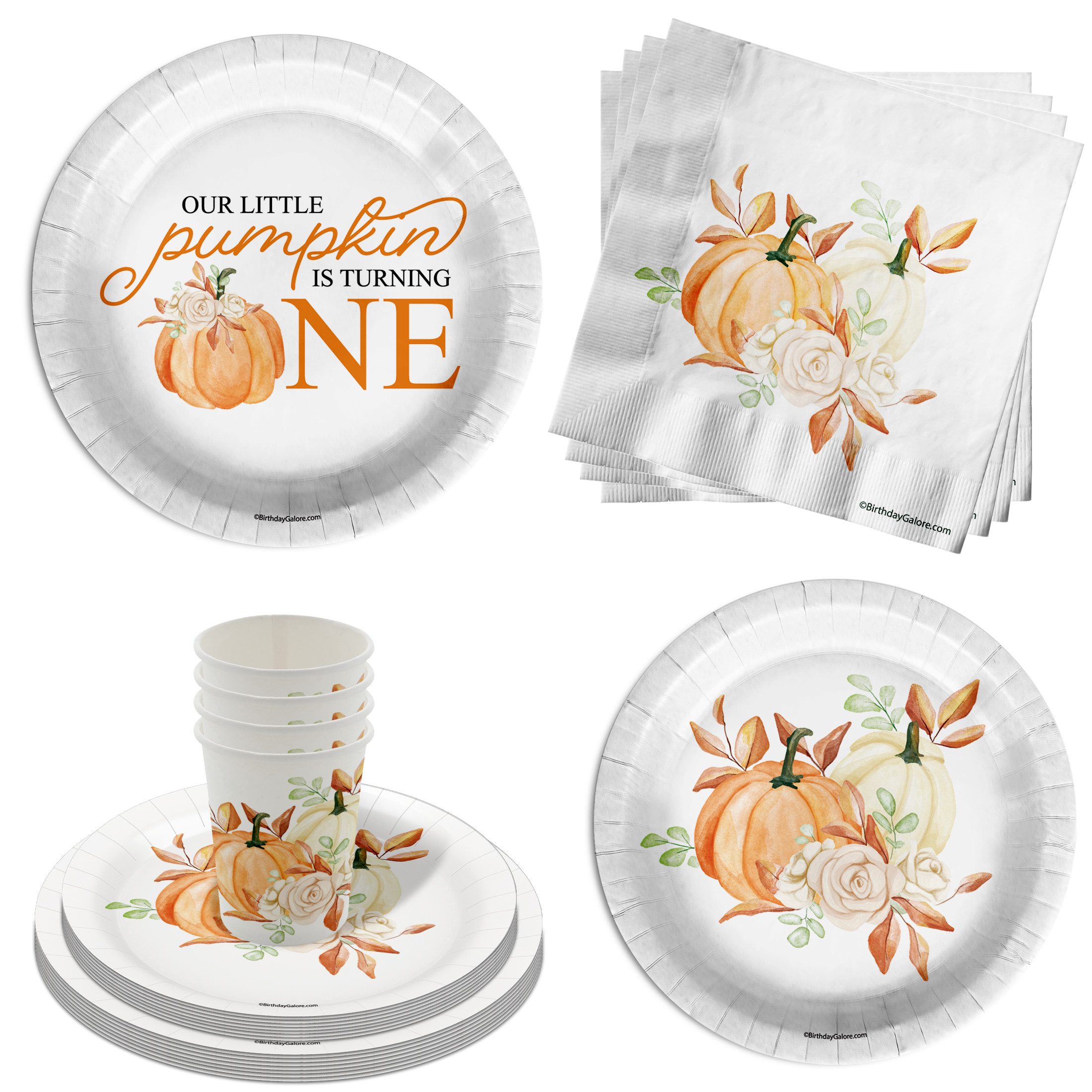 Little Pumpkin Turning One 1st Birthday Party Supplies 64 Piece Tableware Set Includes Large 9" Paper Plates Dessert Plates, Cups and Napkins Kit for 16