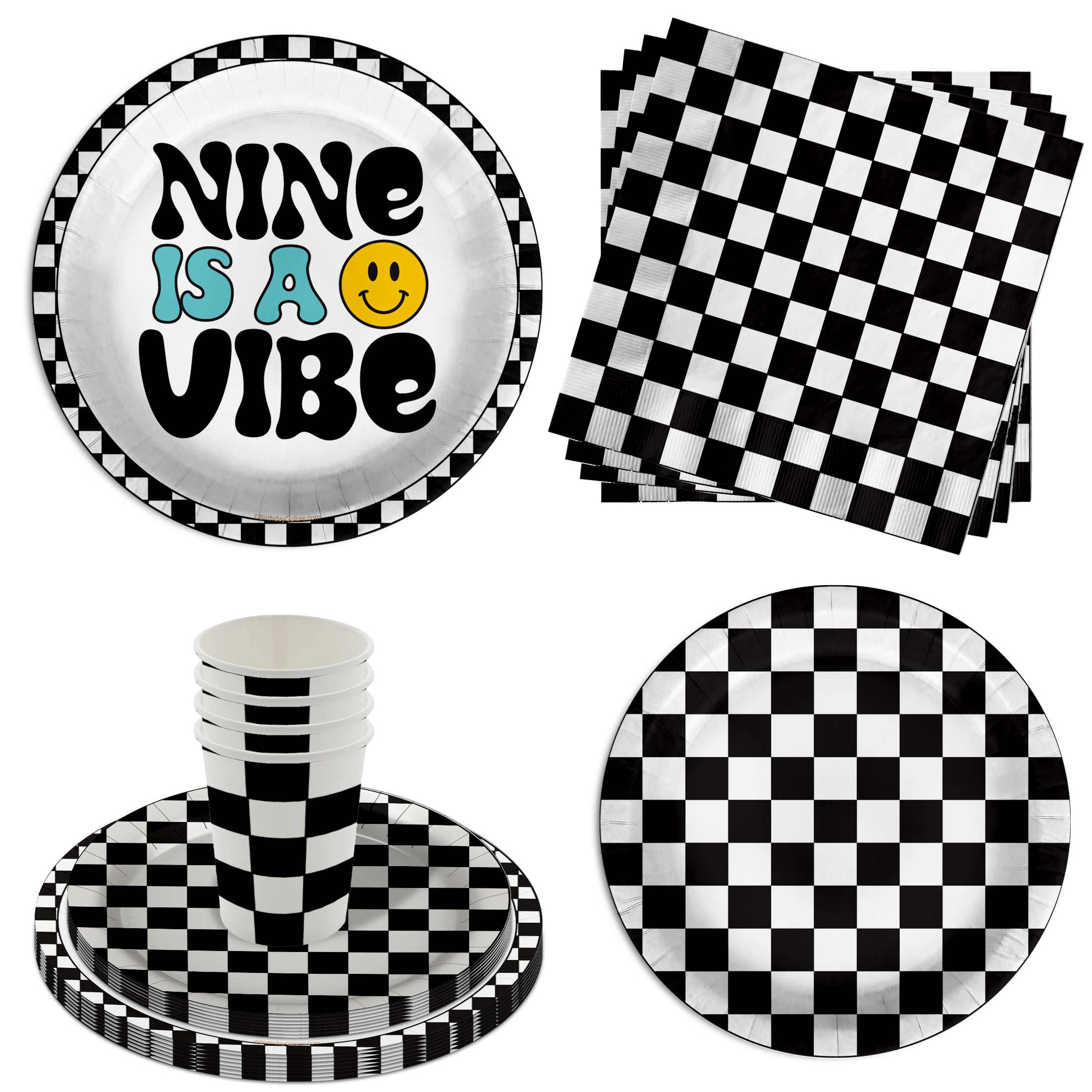 Nine is a Vibe Smiley Face 9th Birthday Party Supplies 64 Piece Tableware Set Includes Large 9" Dinner Plate and Small Dessert Plates Cups and Napkins Tableware Kit for 16