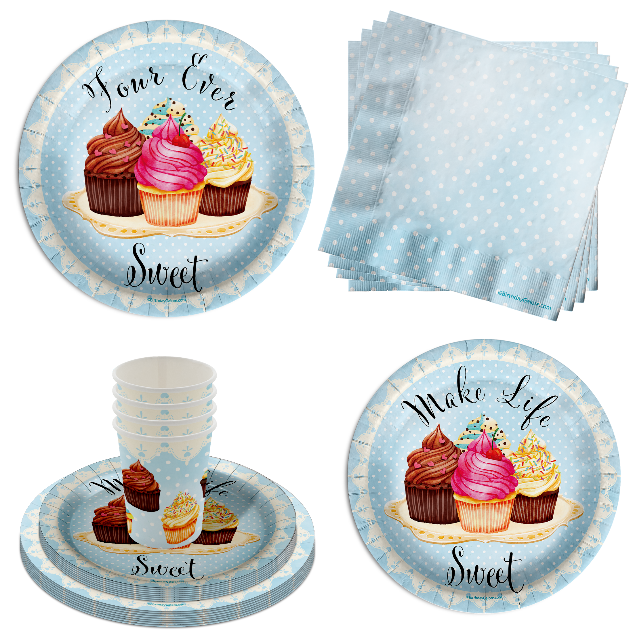 Four Ever Sweet Cupcake 4th Birthday Party Supplies 64 Piece Tableware Set Includes Large 9" Paper Plates Dessert Plates, Cups and Napkins Kit for 16