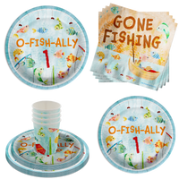 Ofishally 1 Fishing 1st Birthday Party Supplies 64 Piece Tableware Set Includes Large 9" Paper Plates Dessert Plates, Cups and Napkins Kit for 16