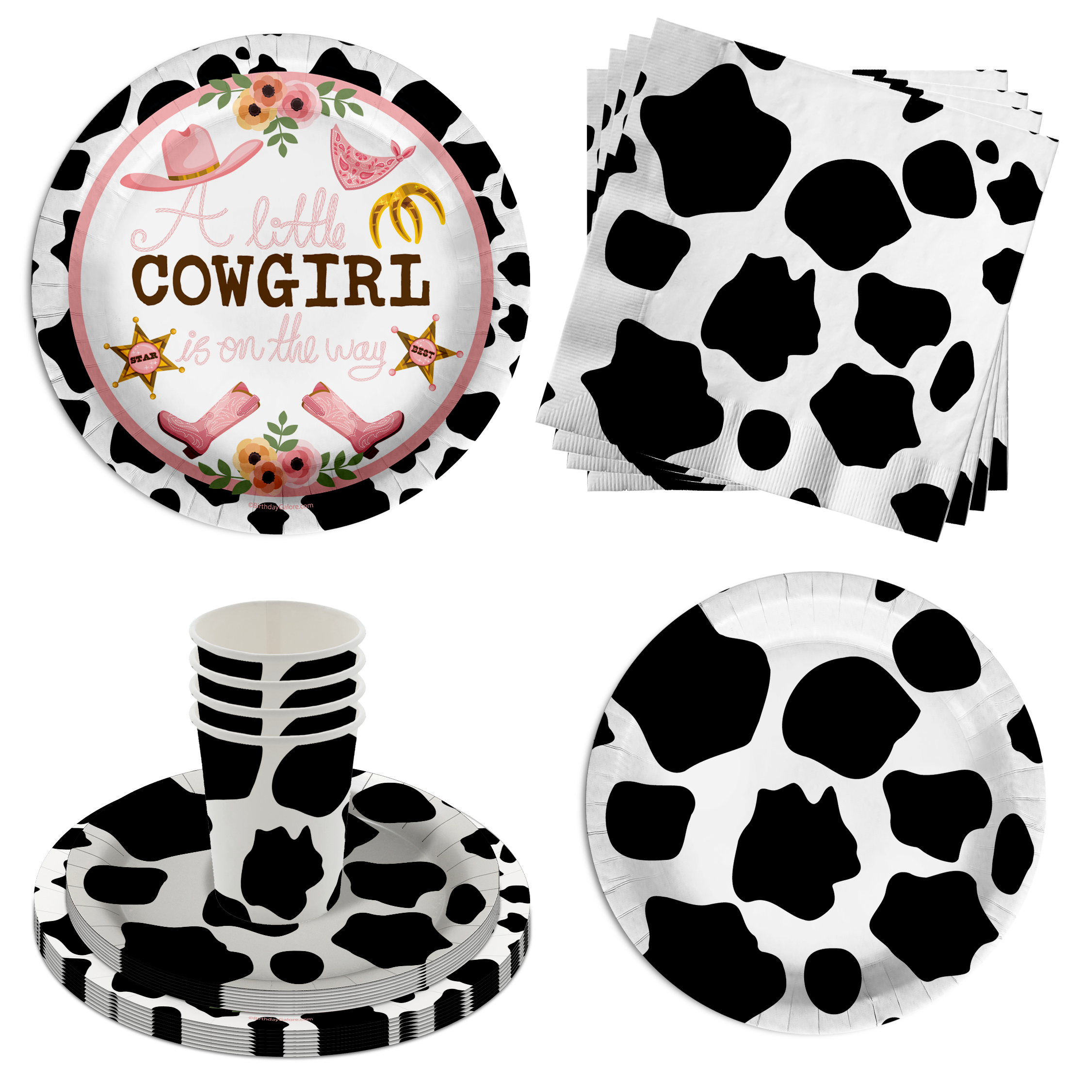 Little Cowgirl on the Way Cow Print Baby Shower Party Tableware Kit For 16 Guests 64 Piece