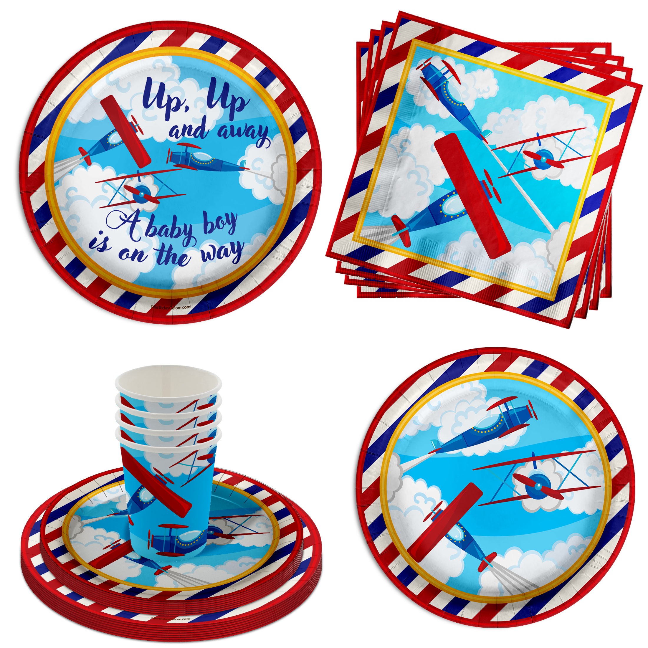 Up Up and Away Airplane Baby Shower Party Supplies 64 Piece Tableware Set Includes Large 9" Paper Plates Dessert Plates, Cups and Napkins Kit for 16