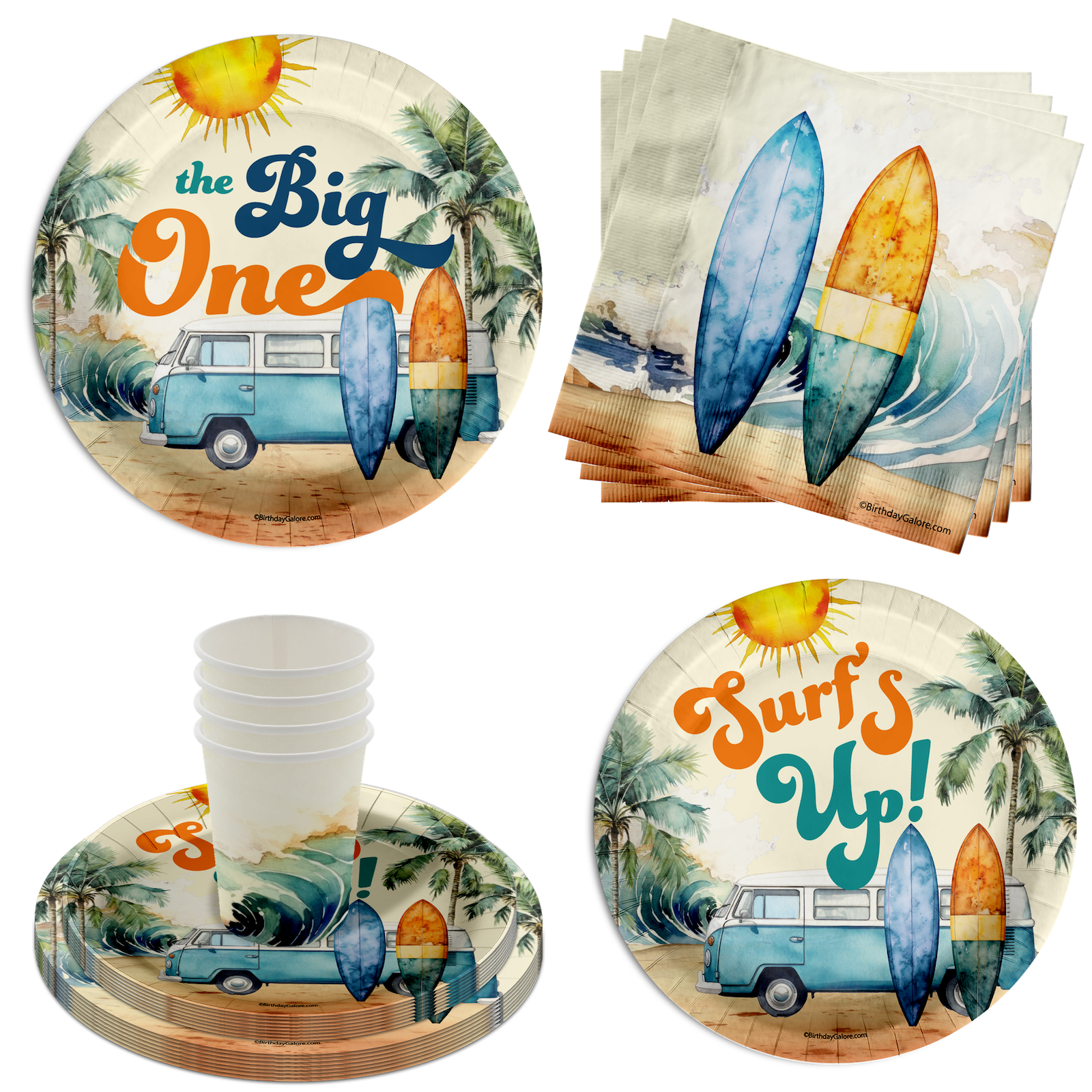 The Big One Surfing 1st Birthday Party Supplies 64 Piece Tableware Set Includes Large 9" Paper Plates Dessert Plates, Cups and Napkins Kit for 16