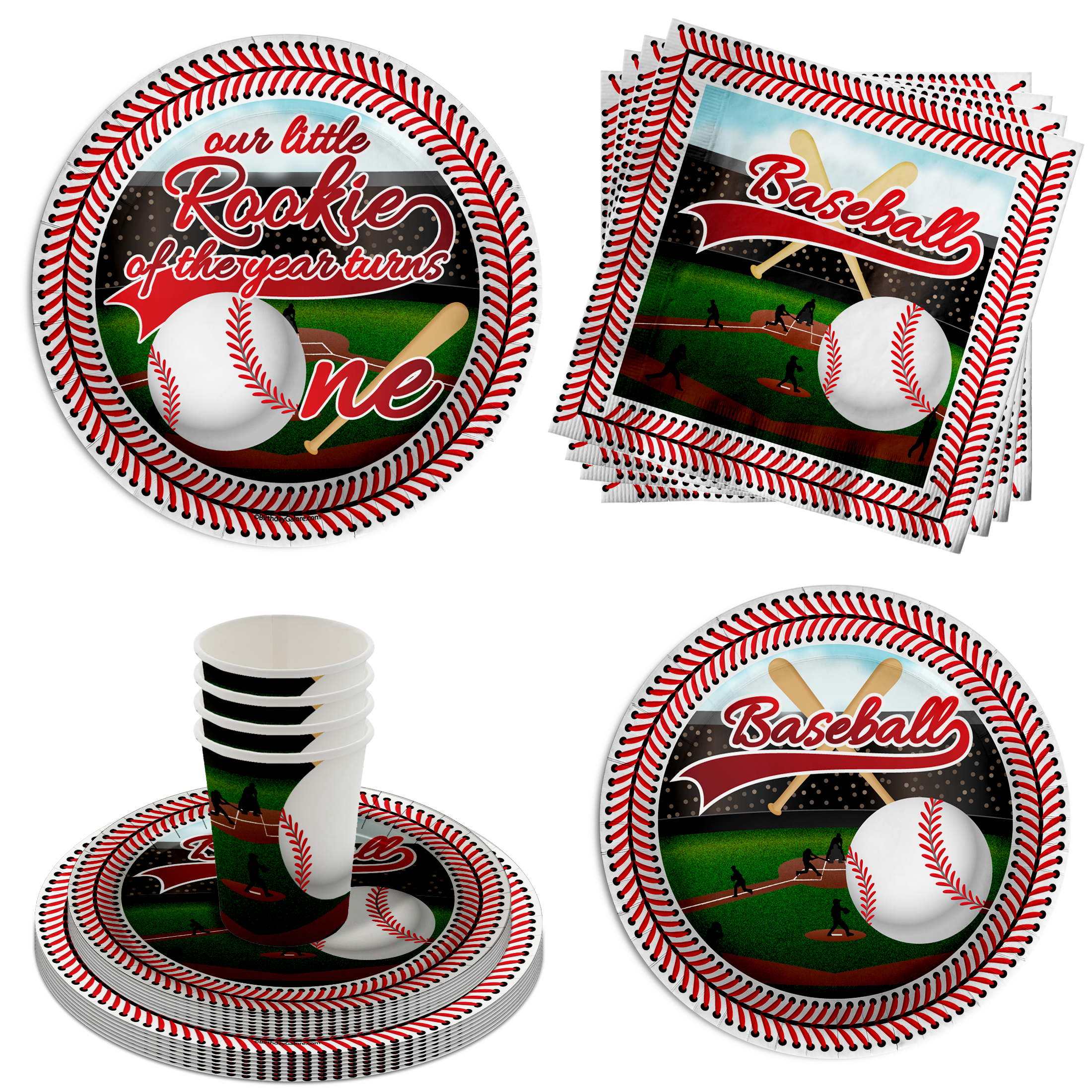 Rookie Year Baseball 1st Birthday Party Supplies 64 Piece Tableware Set Includes Large 9" Paper Plates Dessert Plates, Cups and Napkins Kit for 16