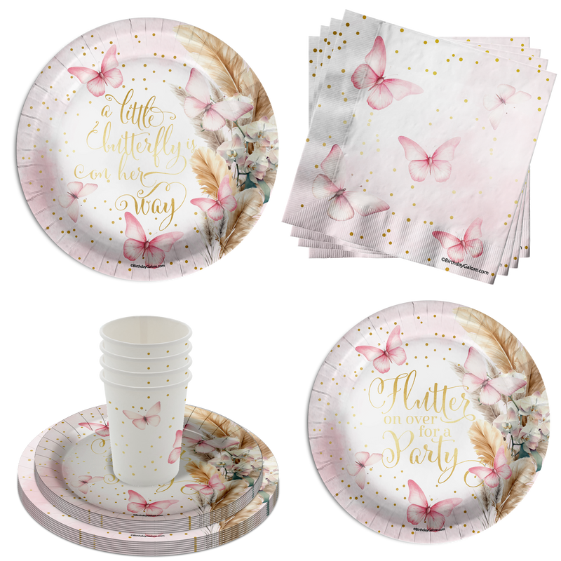 Butterfly Baby Shower Party Supplies 64 Piece Tableware Set Includes Large 9" Paper Plates Dessert Plates, Cups and Napkins Kit for 16