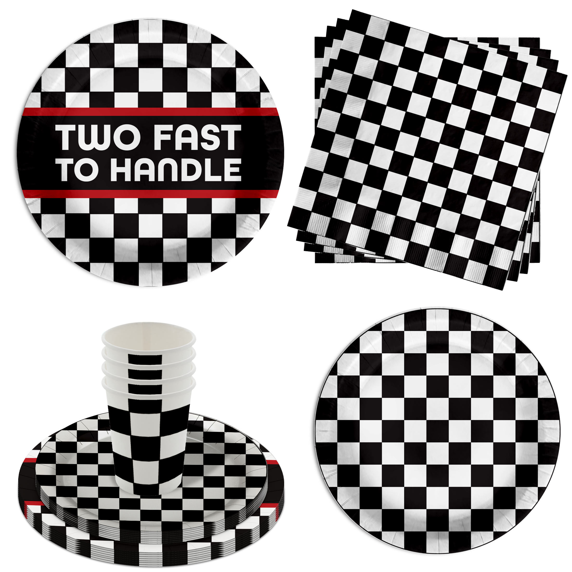 Two Fast Too Handle Checkered Flag 2nd Birthday Party Tableware Kit For 16 Guests 64 Piece