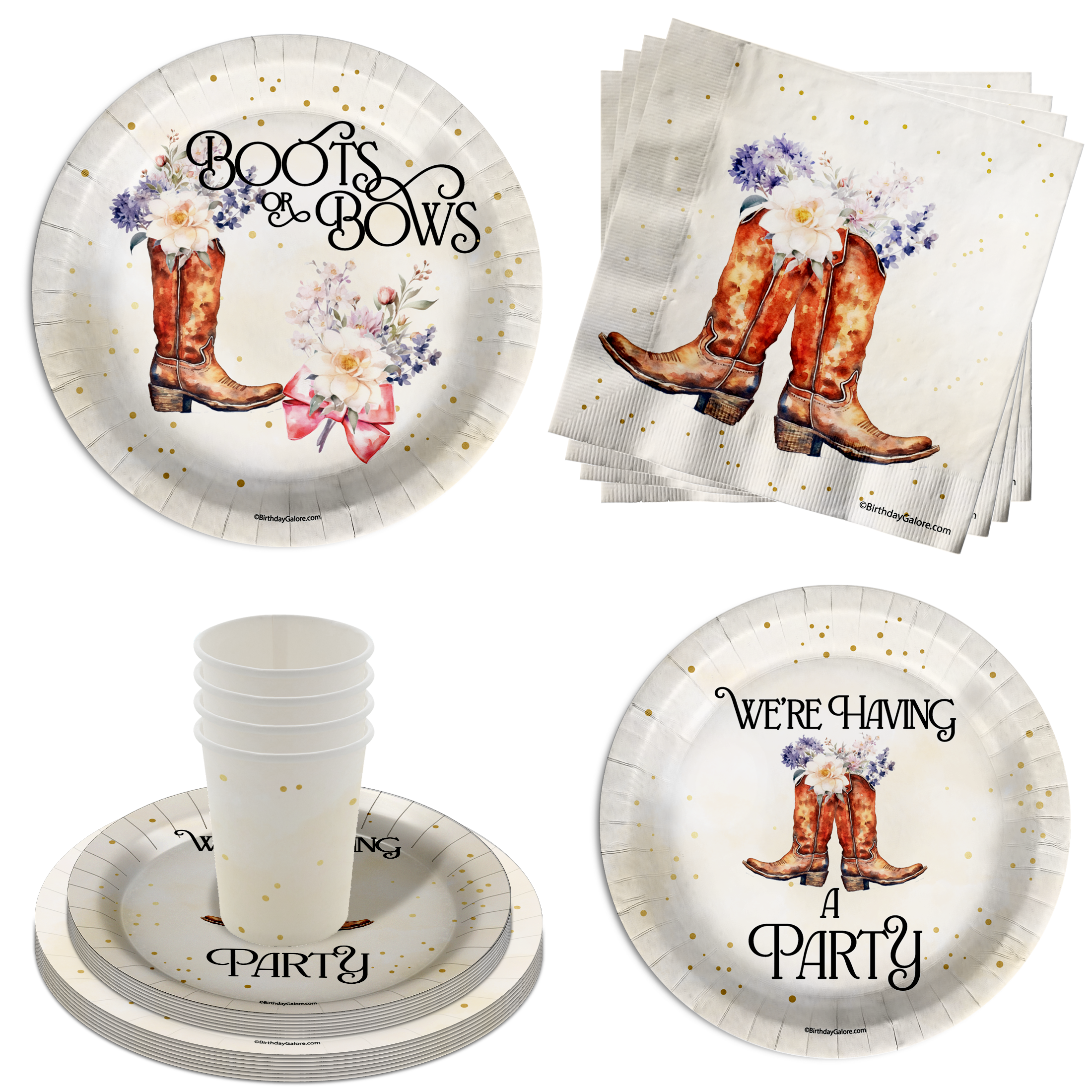 Boot or Bows Gender Reveal Party Supplies 64 Piece Tableware Set Includes Large 9" Paper Plates Dessert Plates, Cups and Napkins Kit for 16