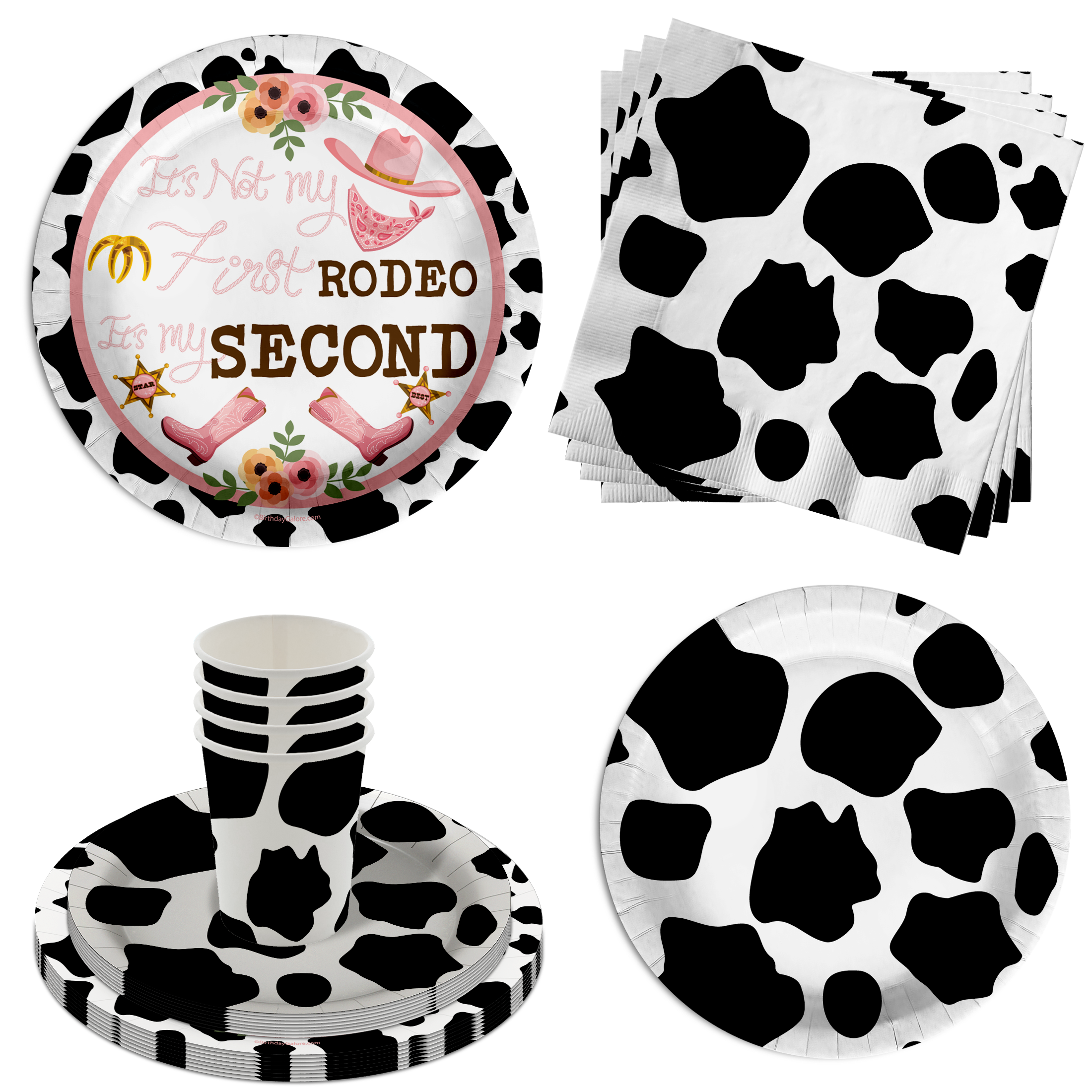 My Second Rodeo Cow Print 2nd Birthday Party Tableware Kit For 16 Guests 64 Piece