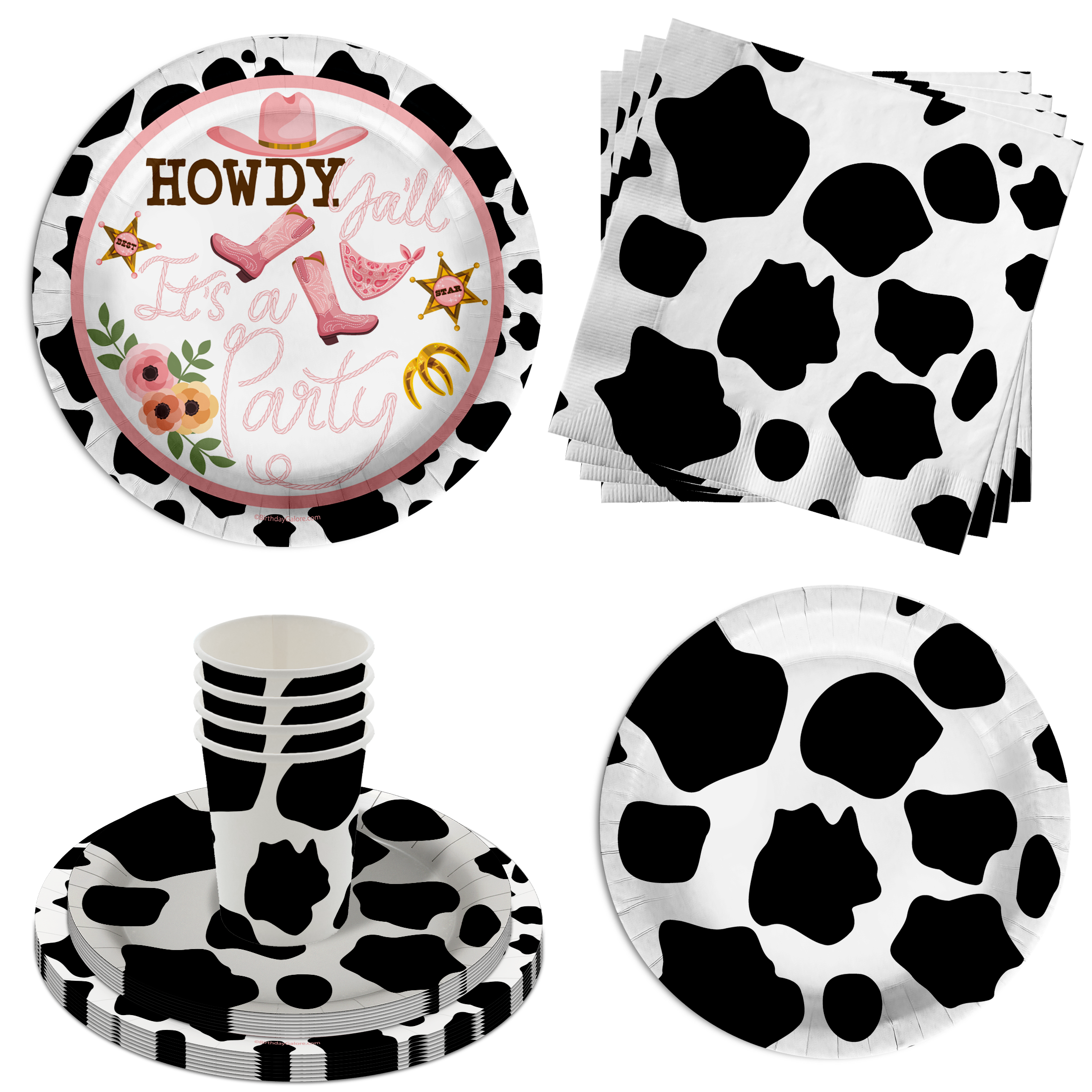 Howdy Y'all It's A Party Cow Print Birthday Party Tableware Kit For 16 Guests 64 Piece