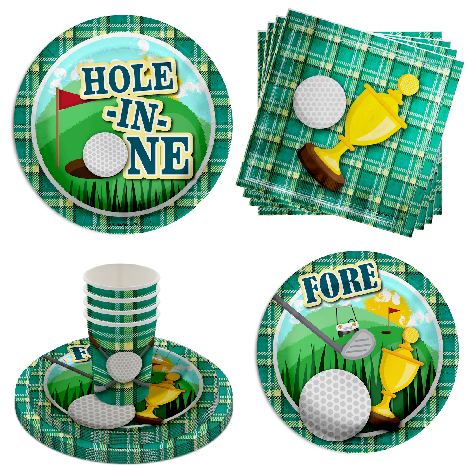 Hole in One Golf 1st Birthday Party Supplies 64 Piece Tableware Set Includes Large 9" Paper Plates Dessert Plates, Cups and Napkins Kit for 16