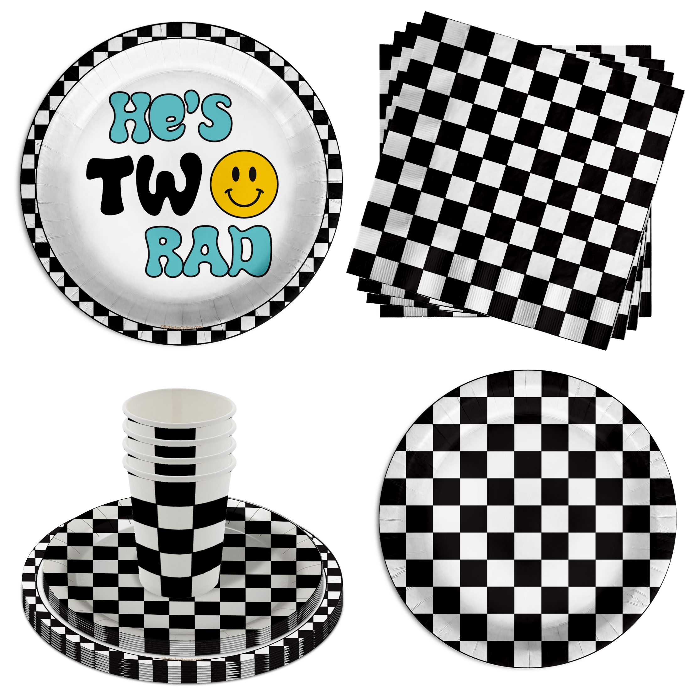 Two Rad Smiley Face 2nd Birthday Party Supplies 64 Piece Tableware Set Includes Large 9" Dinner Plate and Small Dessert Plates Cups and Napkins Tableware Kit for 16