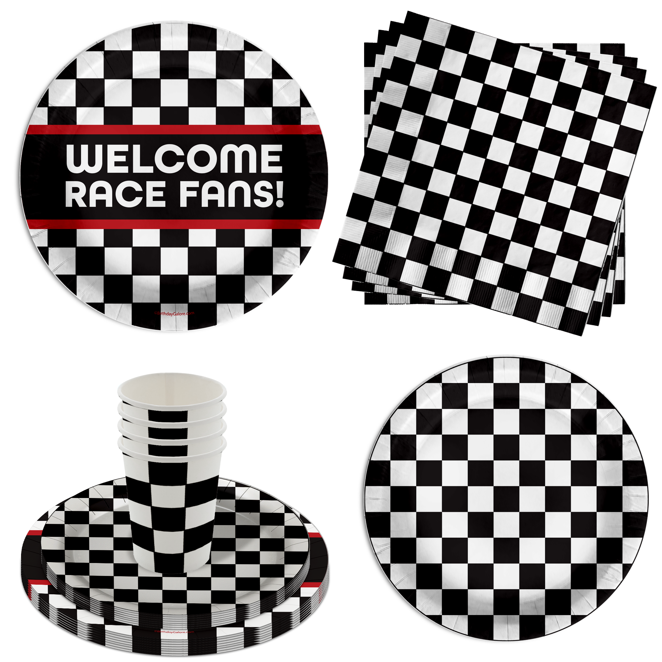 Welcome Race Fans Checkered Flag Birthday Party Tableware Kit For 16 Guests 64 Piece