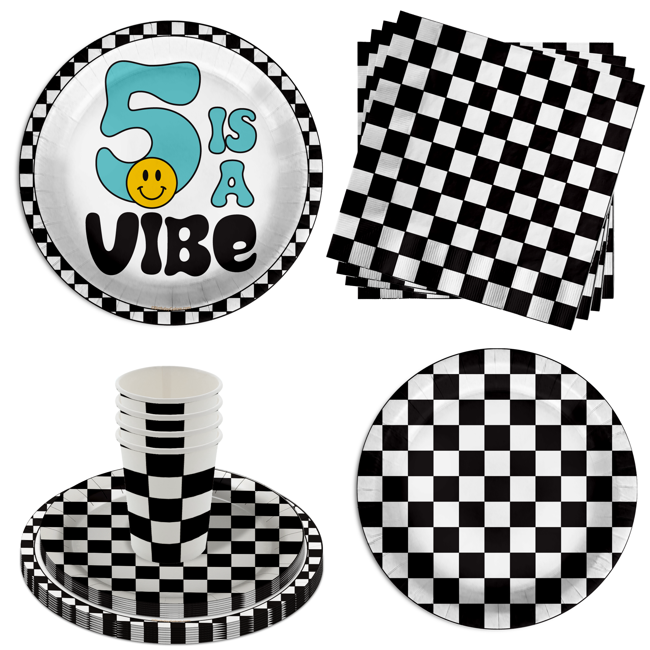 Five is a Vibe Smiley Face 5th Birthday Party Supplies 64 Piece Tableware Set Includes Large 9" Dinner Plate and Small Dessert Plates Cups and Napkins Tableware Kit for 16