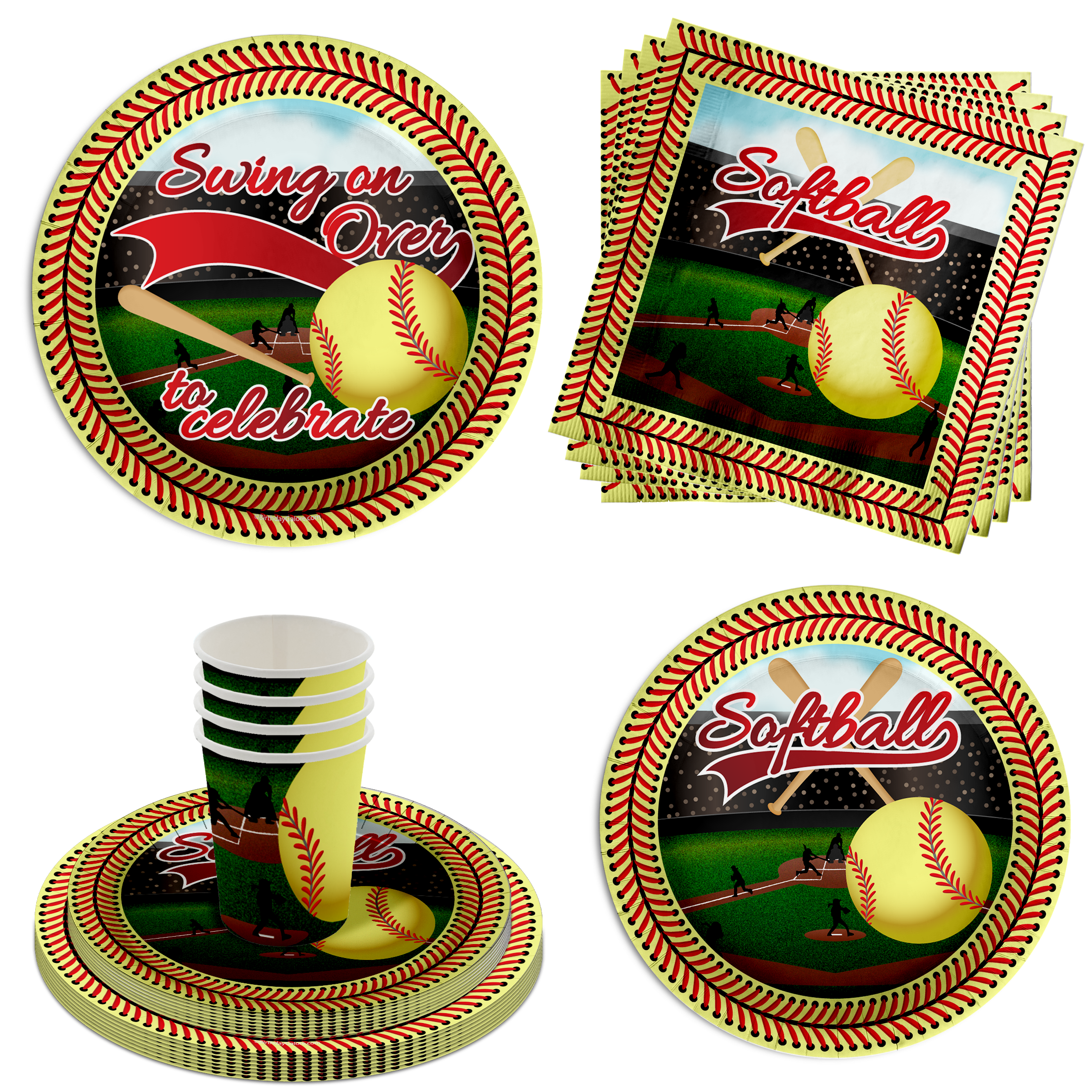 Softball Birthday Party Supplies 64 Piece Tableware Set Includes Large 9" Paper Plates Dessert Plates, Cups and Napkins Kit for 16