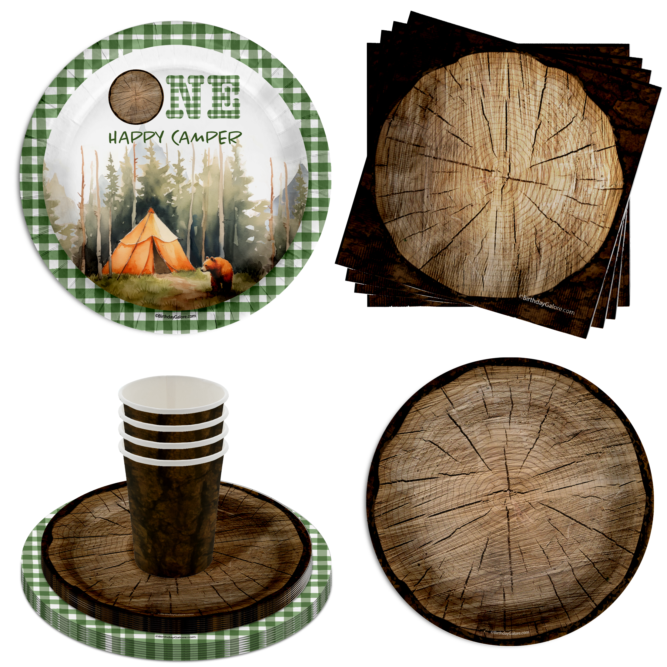 One Happy Camper Camping Boys 1st Birthday Party Supplies 64 Piece Tableware Set Includes Large 9" Paper Plates Dessert Plates, Cups and Napkins Kit for 16