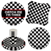 Catch Me I'm Three Checkered Flag Racing 3rd Birthday Party Supplies 64 Piece Tableware Set Includes Large 9" Paper Plates Dessert Plates, Cups and Napkins Kit for 16