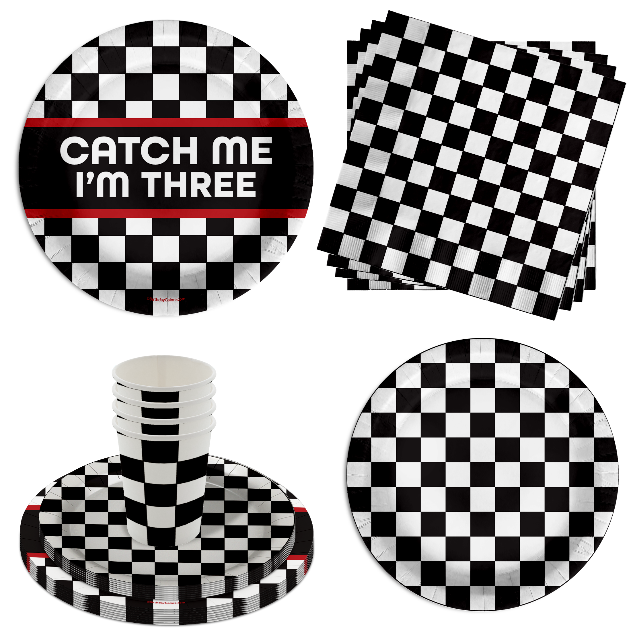 Catch Me I'm Three Checkered Flag Racing 3rd Birthday Party Supplies 64 Piece Tableware Set Includes Large 9" Paper Plates Dessert Plates, Cups and Napkins Kit for 16