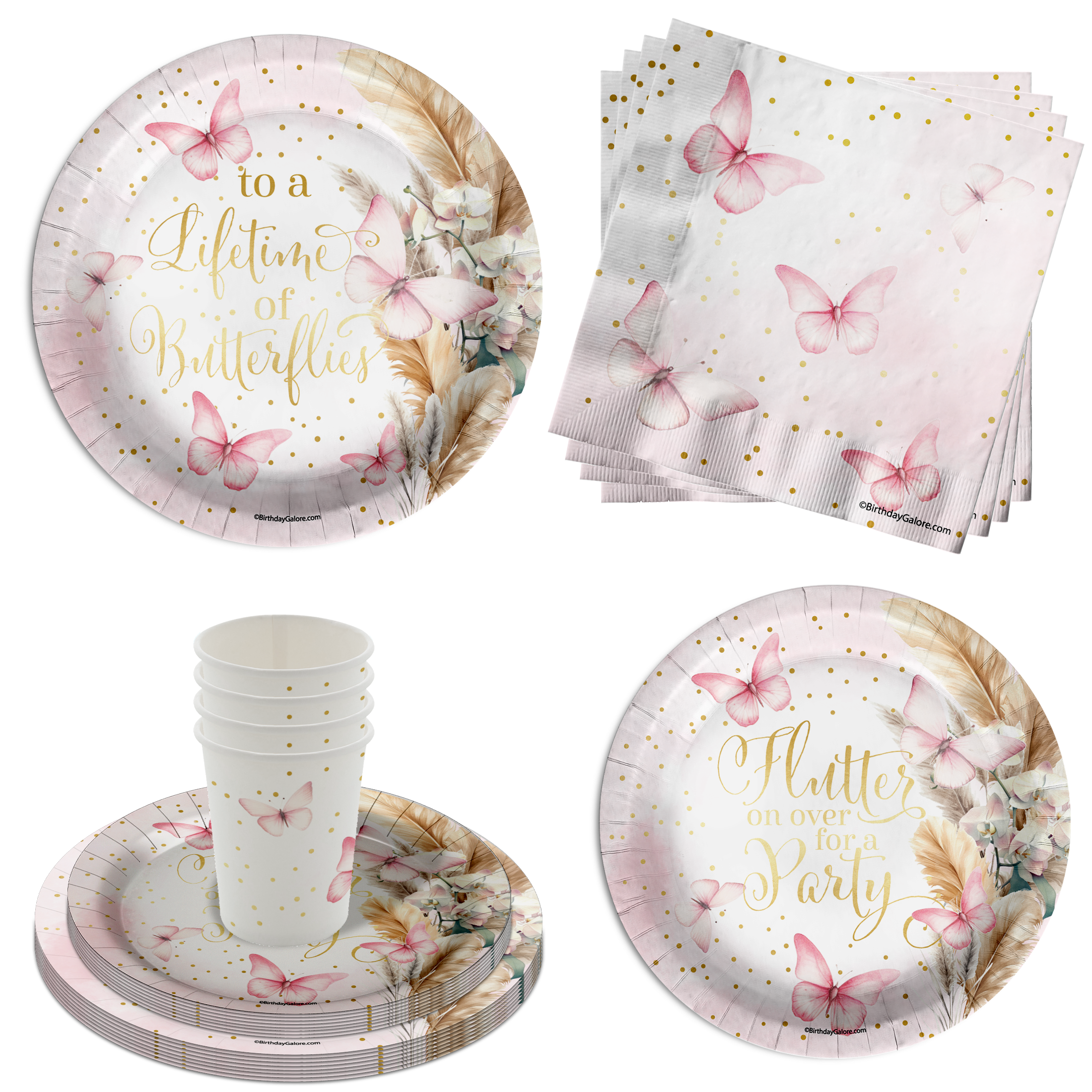 Butterfly Bridal Shower Party Supplies 64 Piece Tableware Set Includes Large 9" Paper Plates Dessert Plates, Cups and Napkins Kit for 16