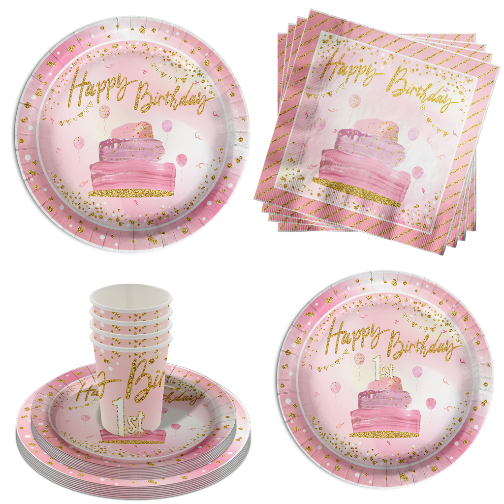 Pink and Gold 1st Birthday Party Tableware Kit For 16 Guests