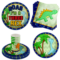Three Rex Dinosaur Boy's 3rd Birthday Party Tableware Kit For 16 Guests 64 Piece