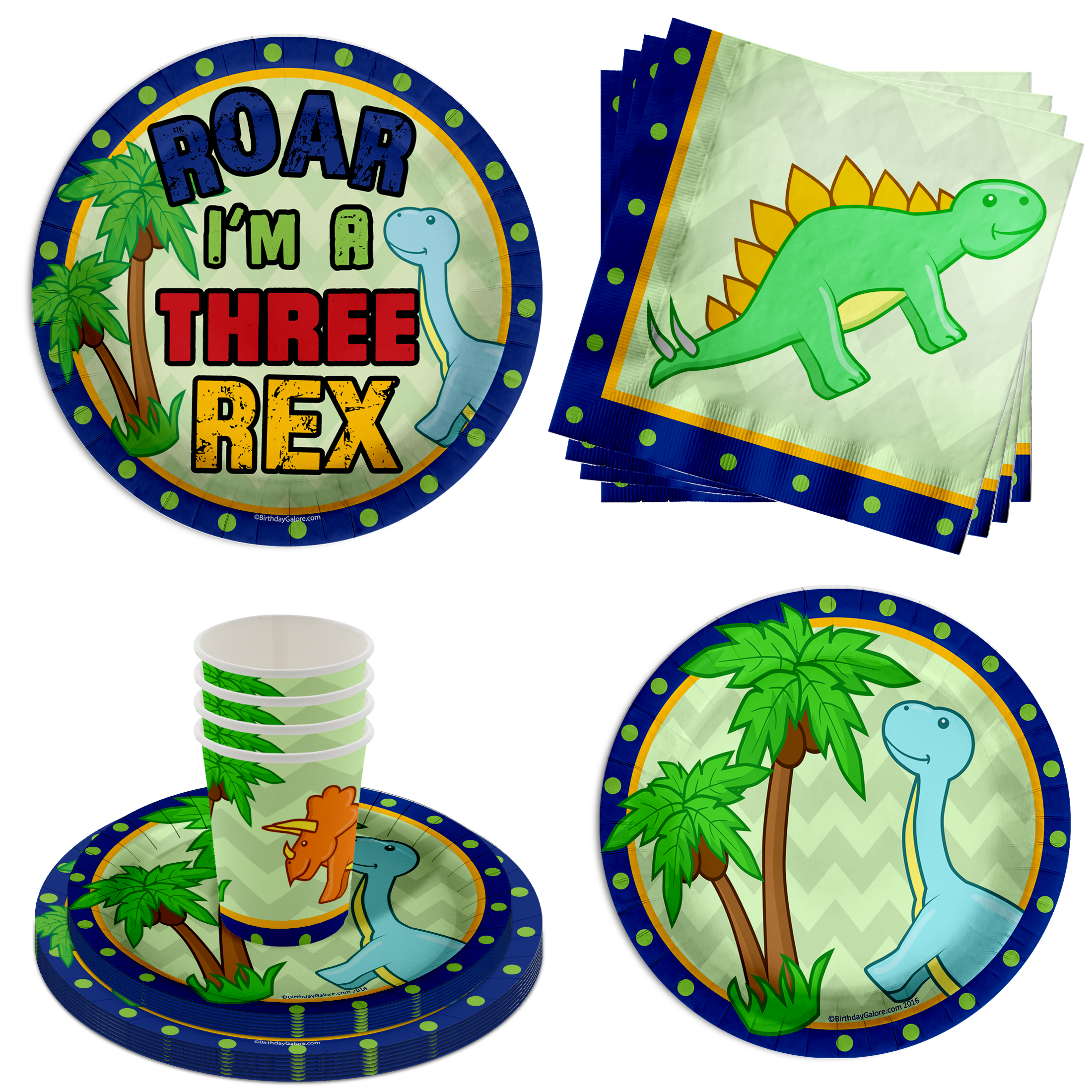 Three Rex Dinosaur Boy's 3rd Birthday Party Tableware Kit For 16 Guests 64 Piece