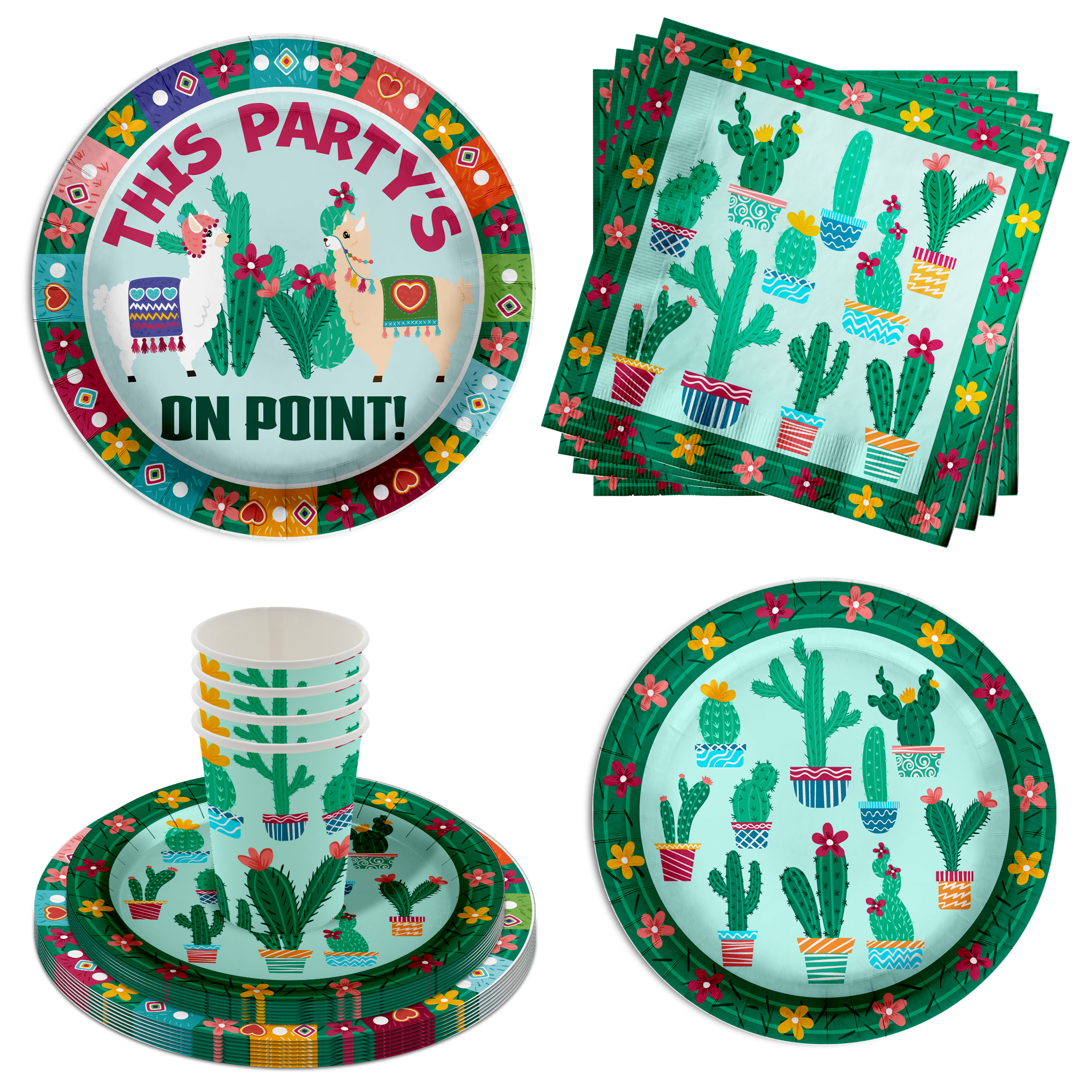 This Party is on Point Cactus Birthday Party Tableware Kit For 16 Guests 64 Piece