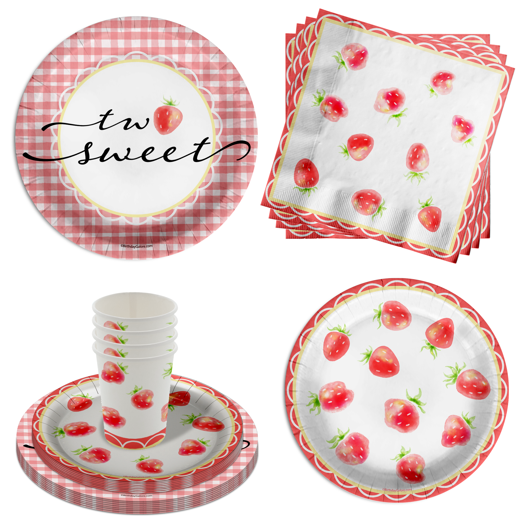 Two Sweet Strawberry 2nd Birthday Party Tableware Kit For 16 Guests 64 Piece