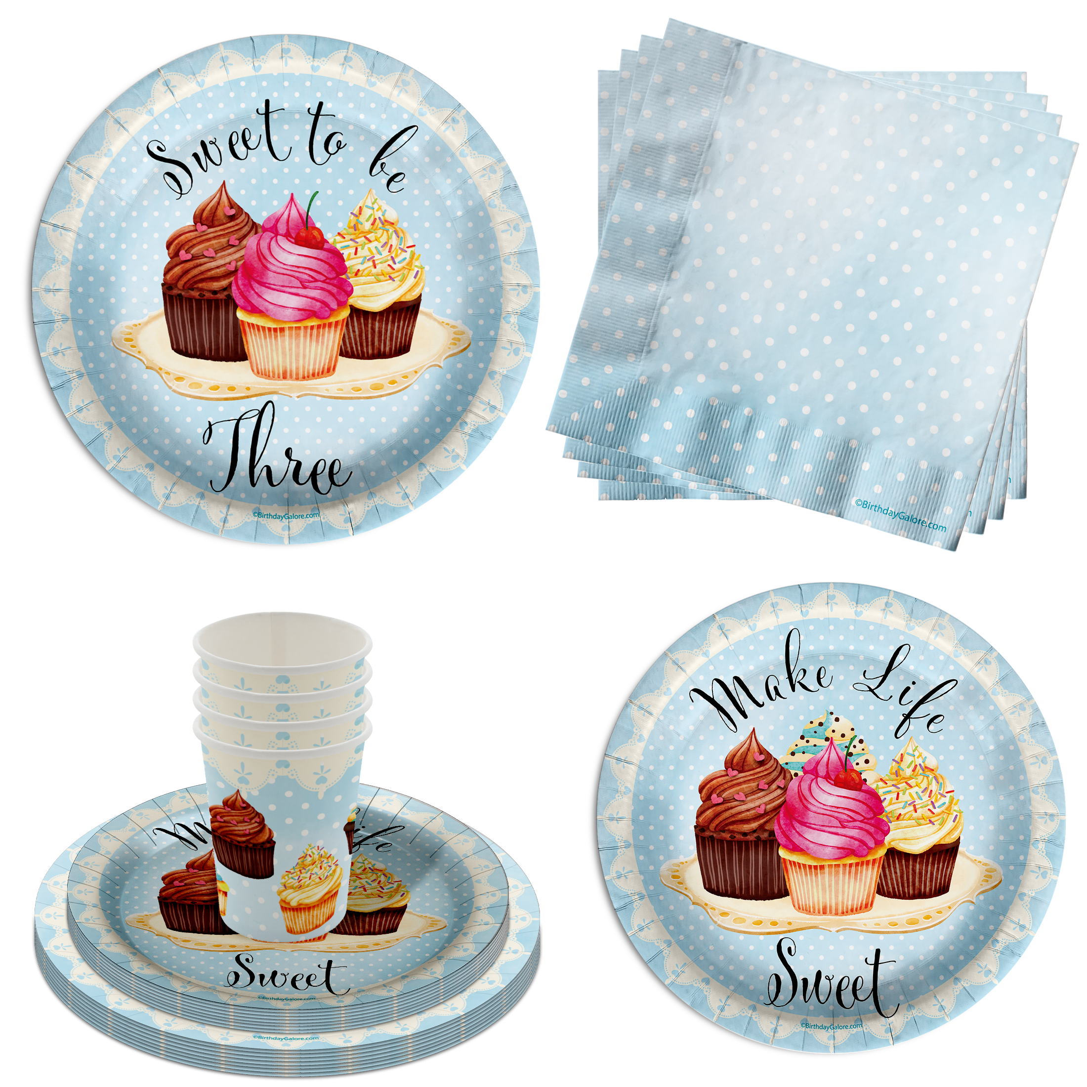Sweet to Be Three Cupcake 3rd Birthday Party Supplies 64 Piece Tableware Set Includes Large 9" Paper Plates Dessert Plates, Cups and Napkins Kit for 16