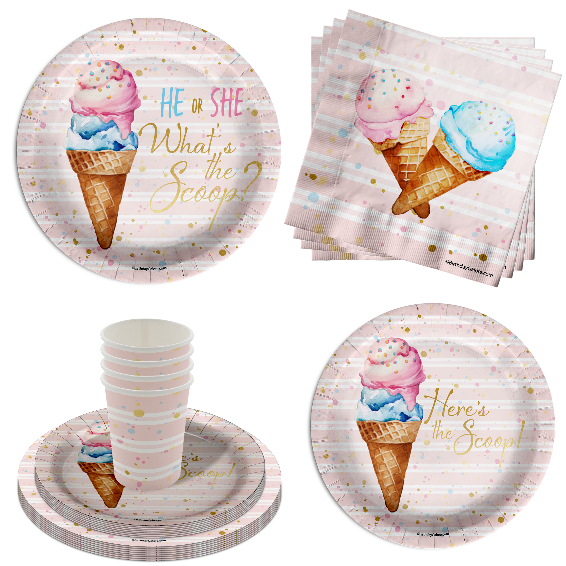 He or She Scoops Ice Cream Gender Reveal Party Supplies 64 Piece Tableware Set Includes Large 9" Paper Plates Dessert Plates, Cups and Napkins Kit for 16