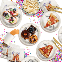 Boot or Bows Gender Reveal Party Supplies 64 Piece Tableware Set Includes Large 9" Paper Plates Dessert Plates, Cups and Napkins Kit for 16