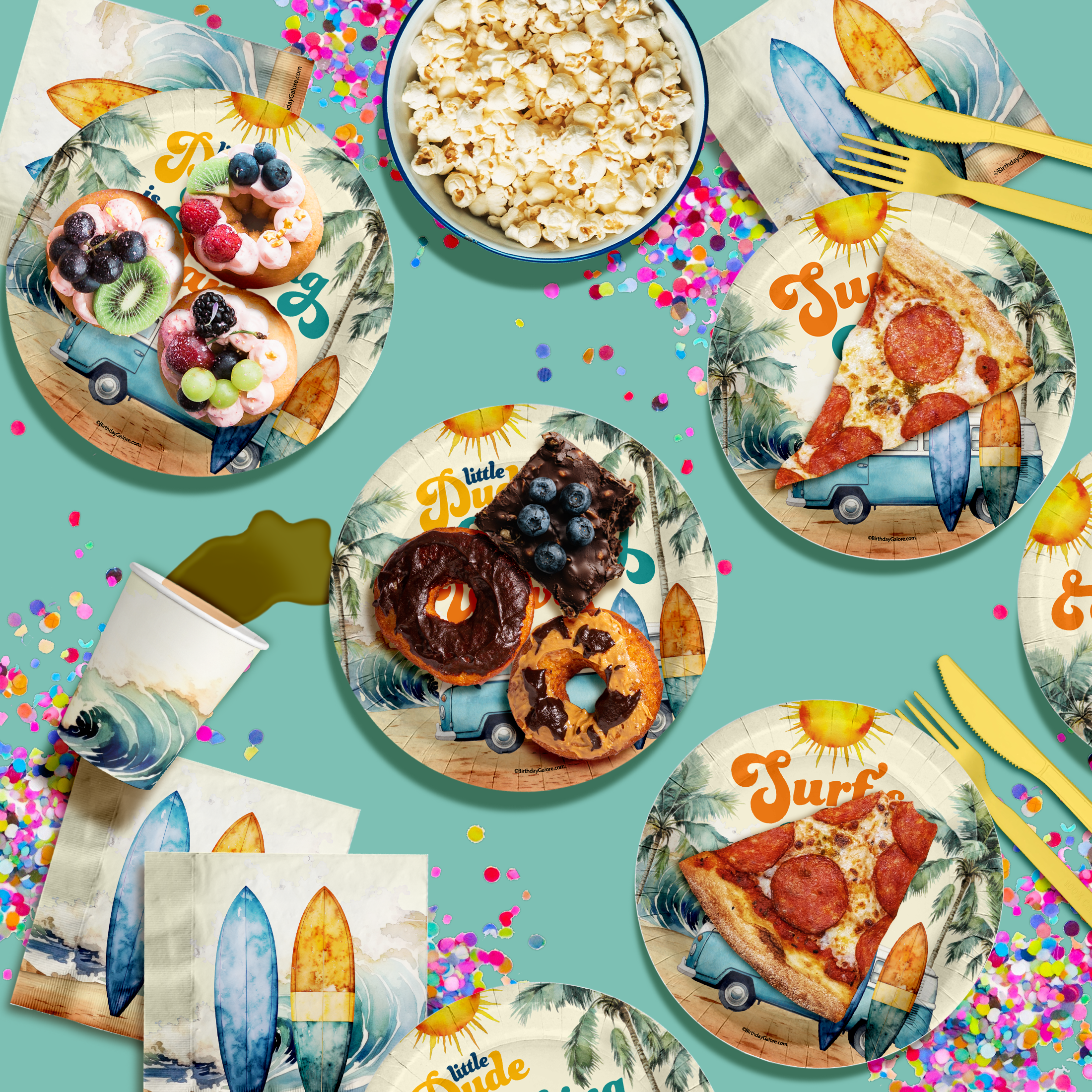 Little Dude Making Waves Surfing Baby Shower Party Supplies 64 Piece Tableware Set Includes Large 9" Paper Plates Dessert Plates, Cups and Napkins Kit for 16