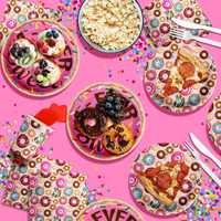Girls 4th Birthday Party Supplies - Fourever Sweet Donut Birthday Paper Plates - 64 Piece Tableware Set Includes Large 9" Paper Plates Dessert Plates, Cups and Napkins Kit for 16