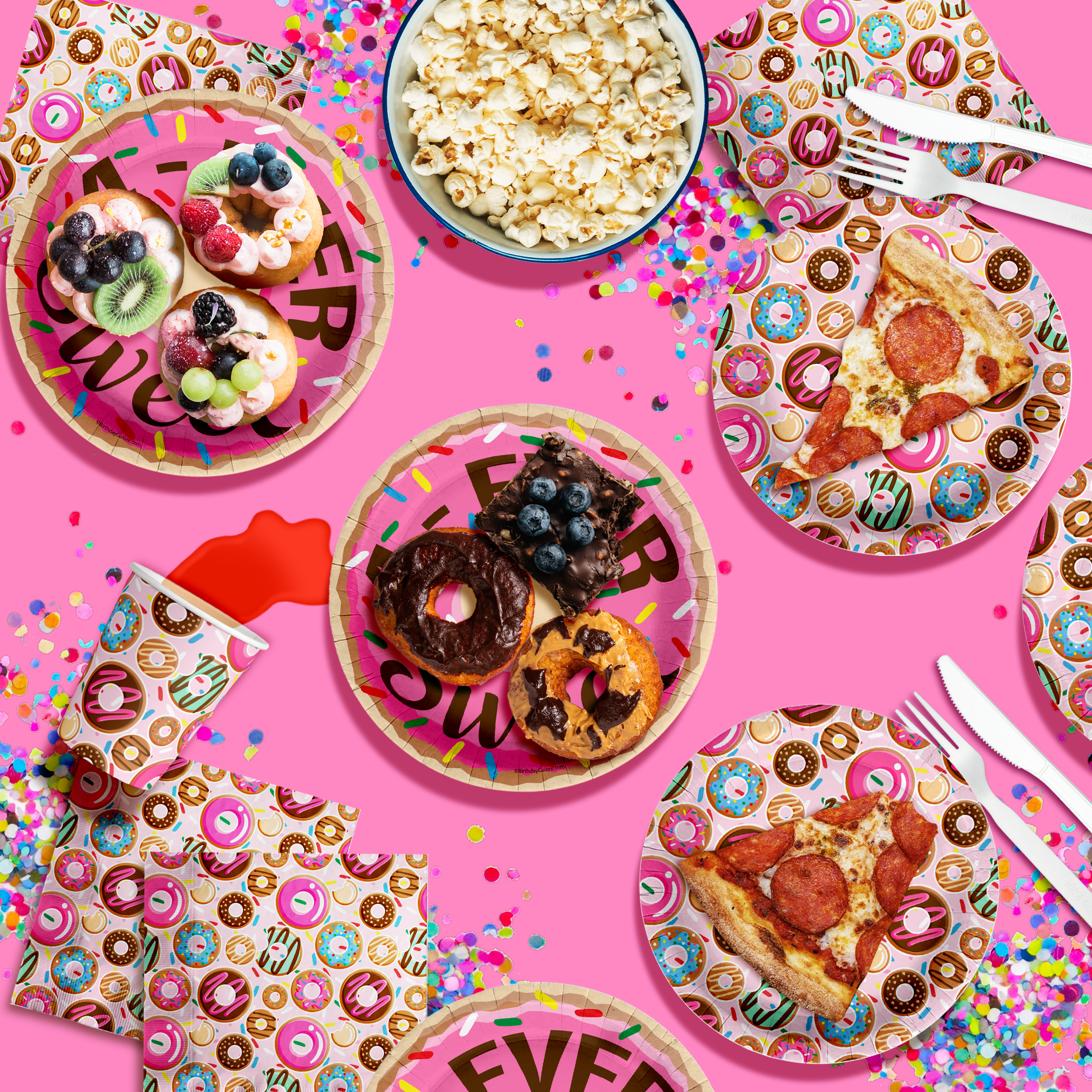 Girls 4th Birthday Party Supplies - Fourever Sweet Donut Birthday Paper Plates - 64 Piece Tableware Set Includes Large 9" Paper Plates Dessert Plates, Cups and Napkins Kit for 16