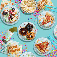 Ofishally 1 Fishing 1st Birthday Party Supplies 64 Piece Tableware Set Includes Large 9" Paper Plates Dessert Plates, Cups and Napkins Kit for 16