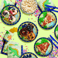Three Rex Dinosaur Boy's 3rd Birthday Party Tableware Kit For 16 Guests 64 Piece