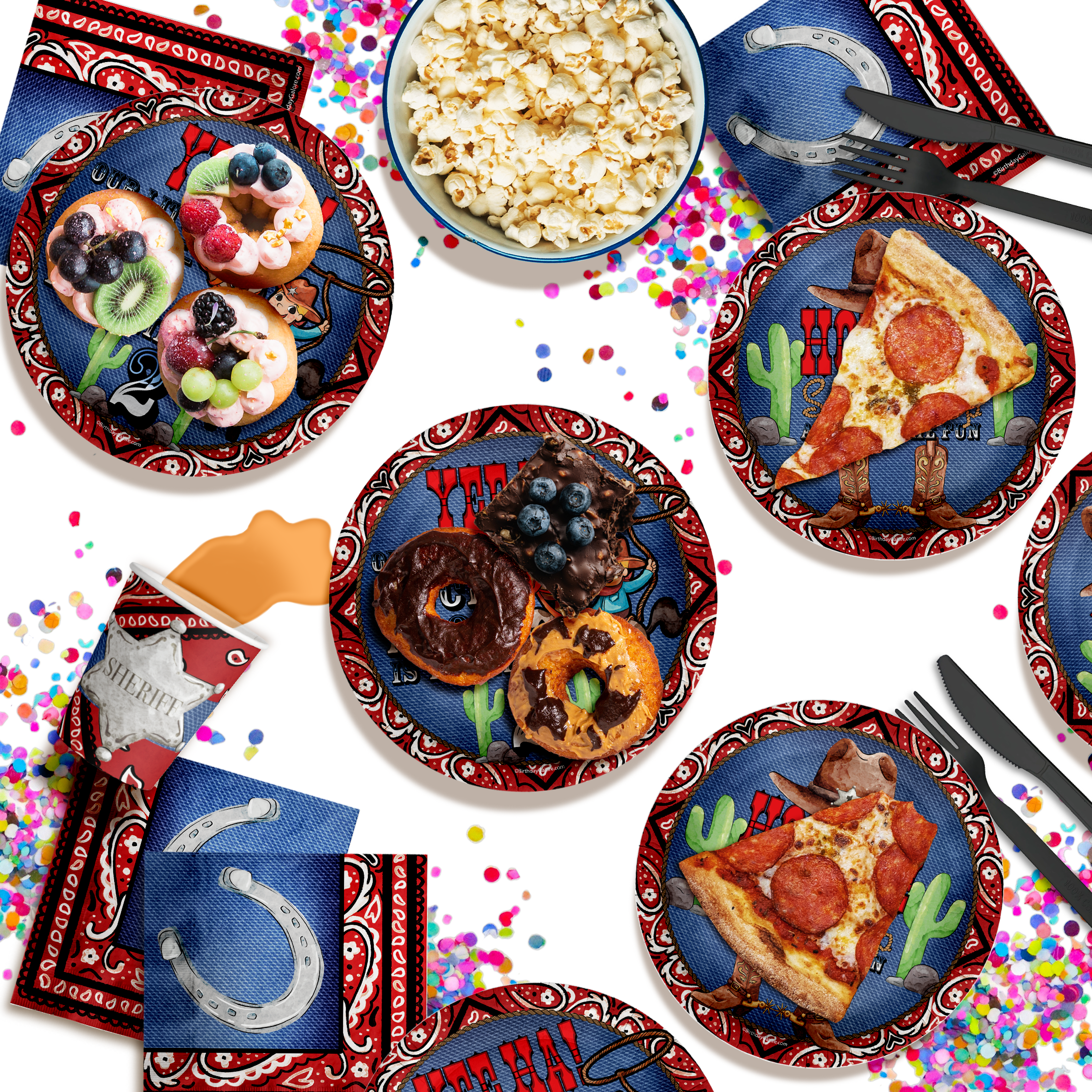 Our Little Buckaroo is Turning Two 2nd Birthday Party Supplies 64 Piece Tableware Set Includes Large 9" Paper Plates Dessert Plates, Cups and Napkins Kit for 16