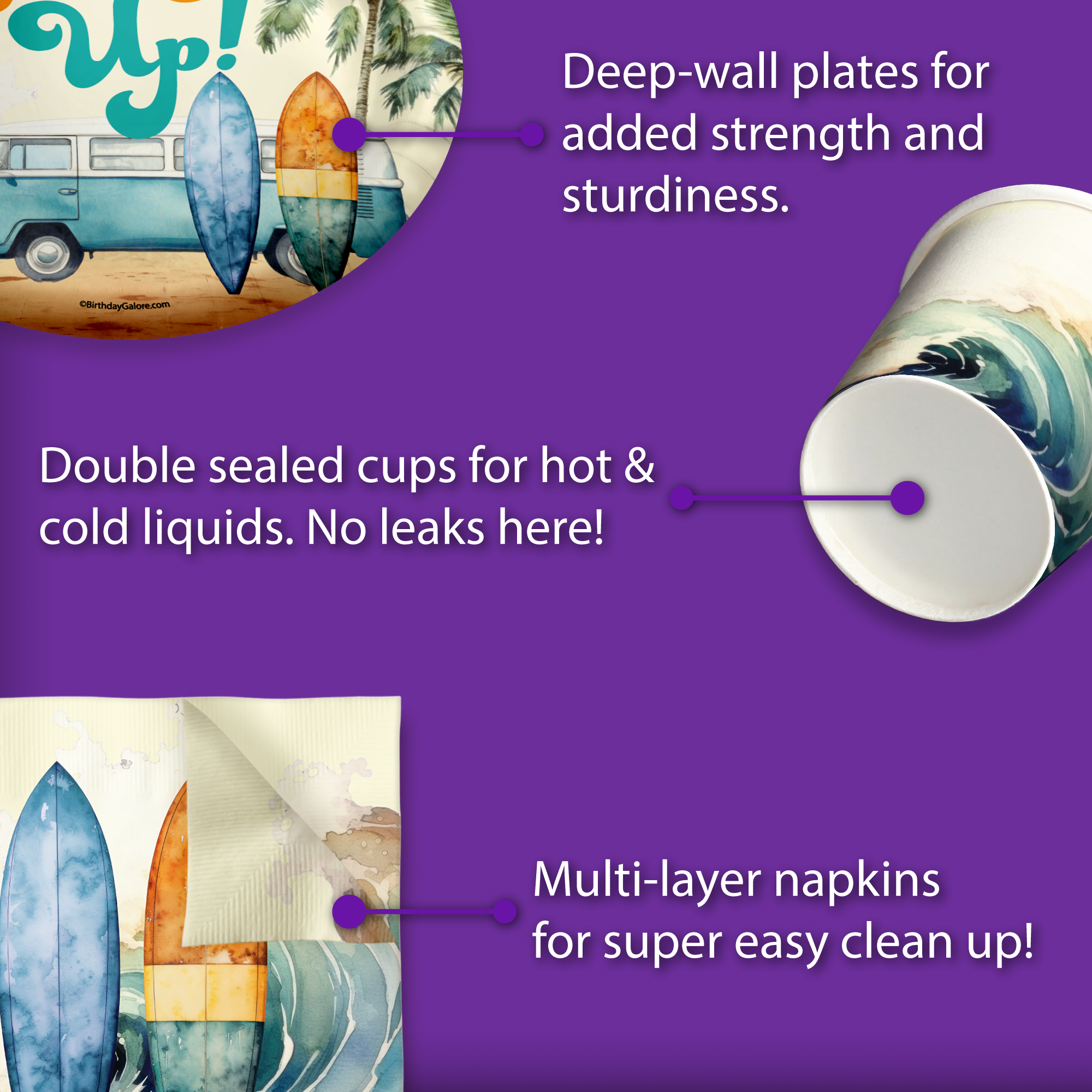 Little Dude Making Waves Surfing Baby Shower Party Supplies 64 Piece Tableware Set Includes Large 9" Paper Plates Dessert Plates, Cups and Napkins Kit for 16